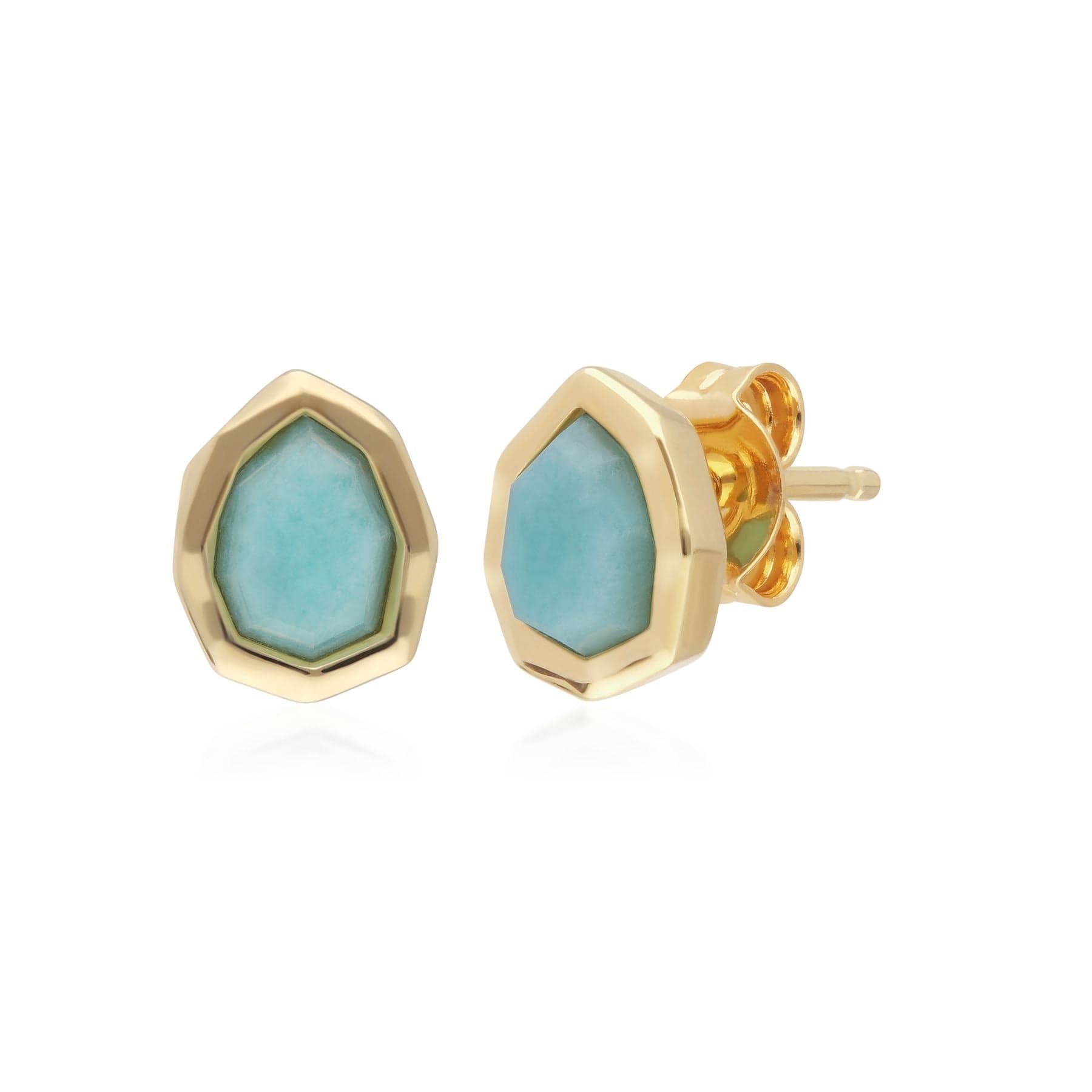 271E021101925 Irregular B Gem Blue Peru Amazonite Stud Earrings In Yellow Gold Plated Silver 1