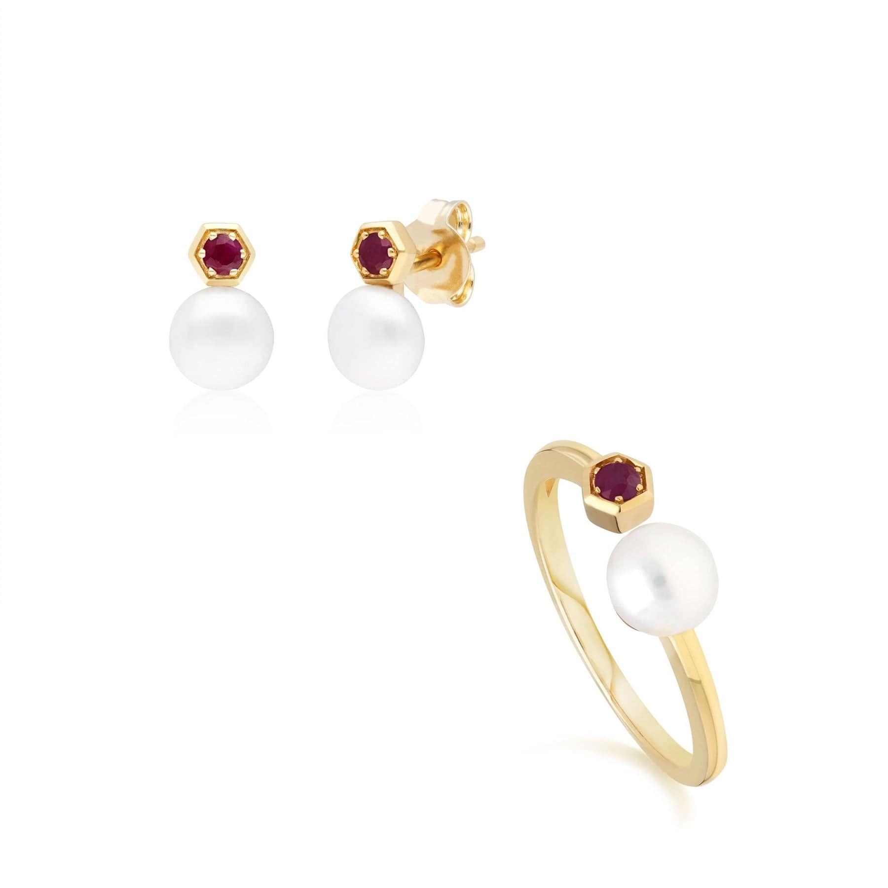 135E1633029-135R1840029 Modern Pearl & Ruby Earring & Ring Set in 9ct Gold 1