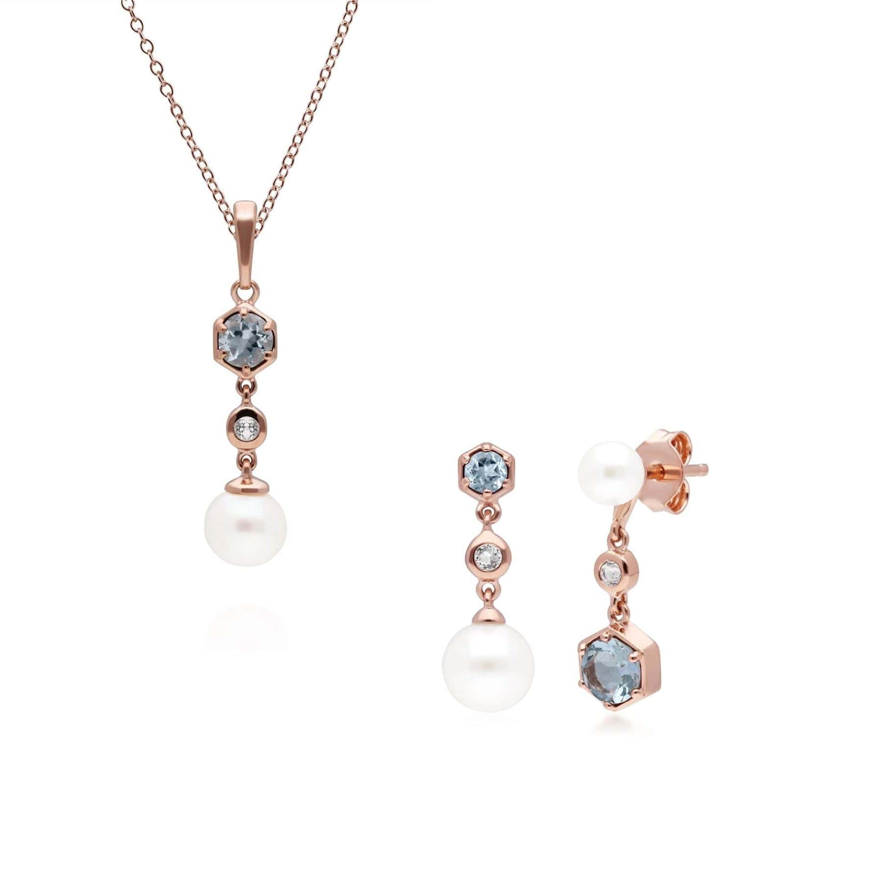 270P030305925-270E030305925 Modern Pearl, Aquamarine & Topaz Pendant & Earring Set in Rose Gold Plated Silver 1