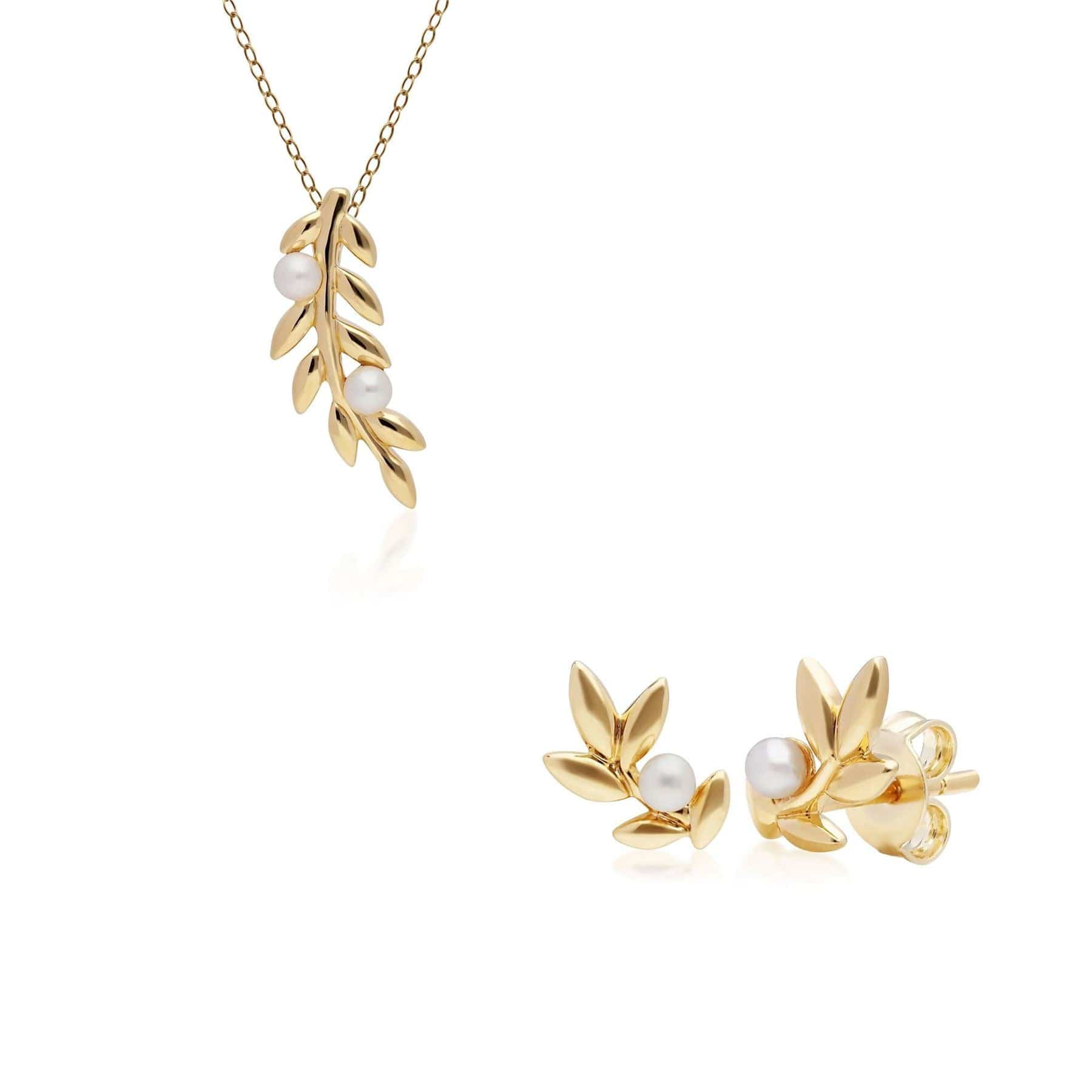 O Leaf Pearl Pendant & Stud Earring Set in Gold Plated 925 Sterling Silver - Gemondo