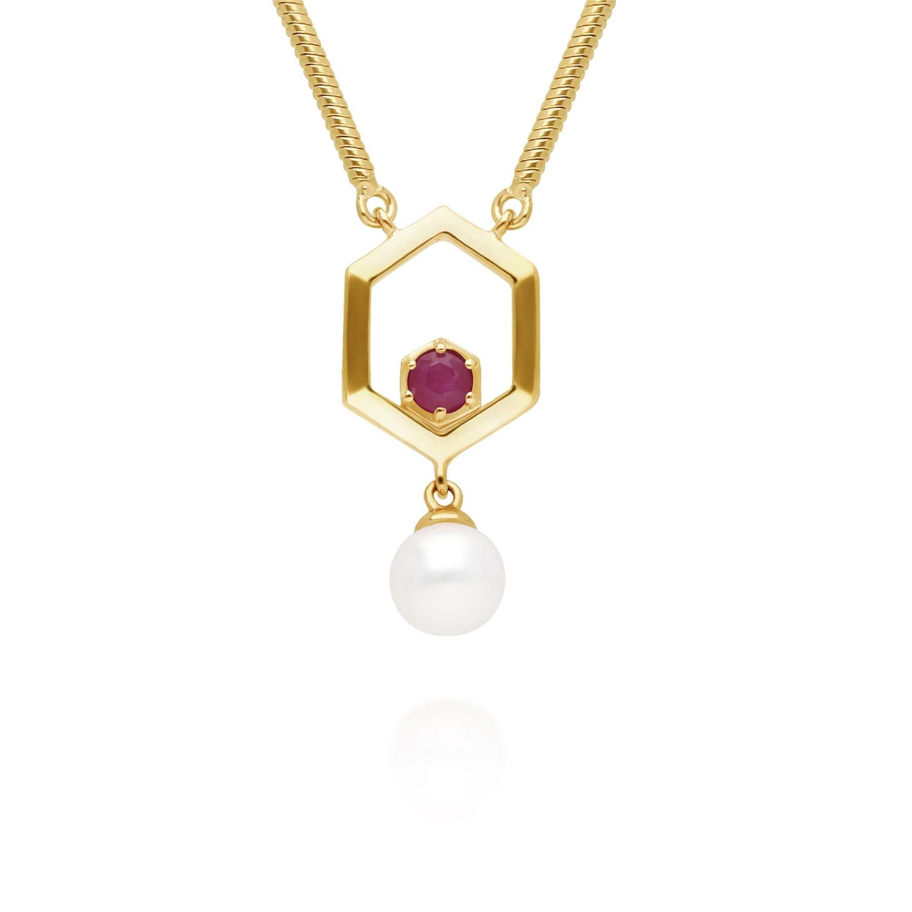 270N035802925 Modern Pearl & Ruby Hexagon Drop Necklace in Gold Plated Silver 1