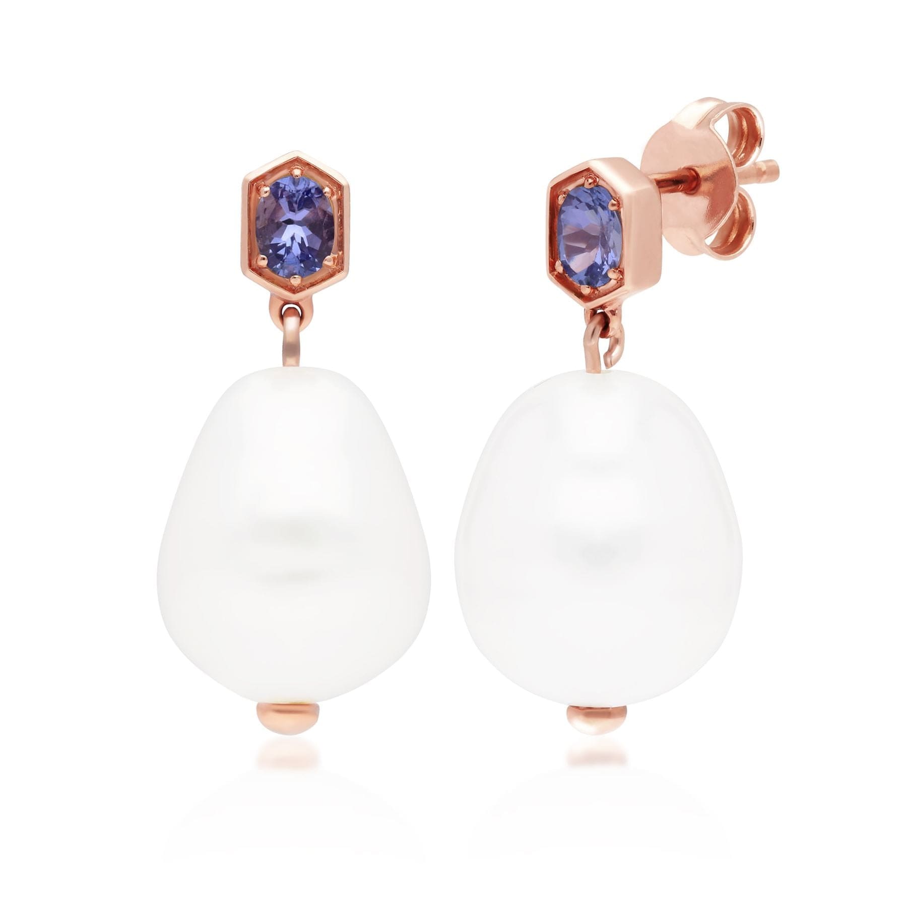 270E030509925 Modern Baroque Pearl & Tanzanite Drop Earrings in Rose Gold Plated Silver 1