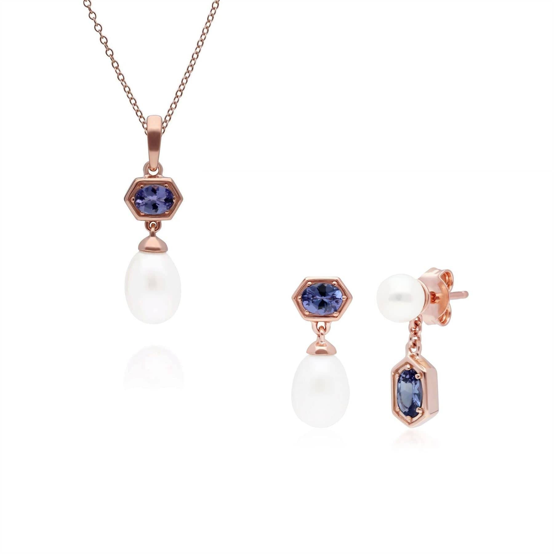 270P030408925-270E030408925 Modern Pearl & Tanzanite Pendant & Earring Set in Rose Gold Plated Silver 1
