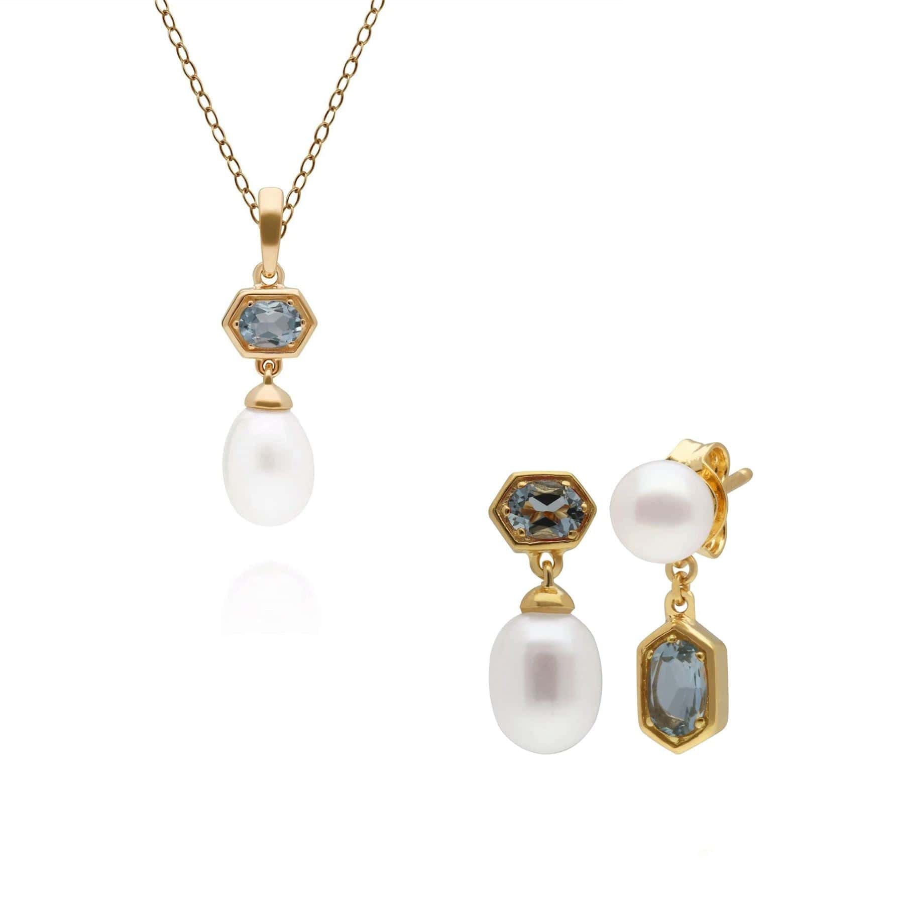 Modern Pearl & Aquamarine Pendant & Earring Set in Gold Plated Silver - Gemondo