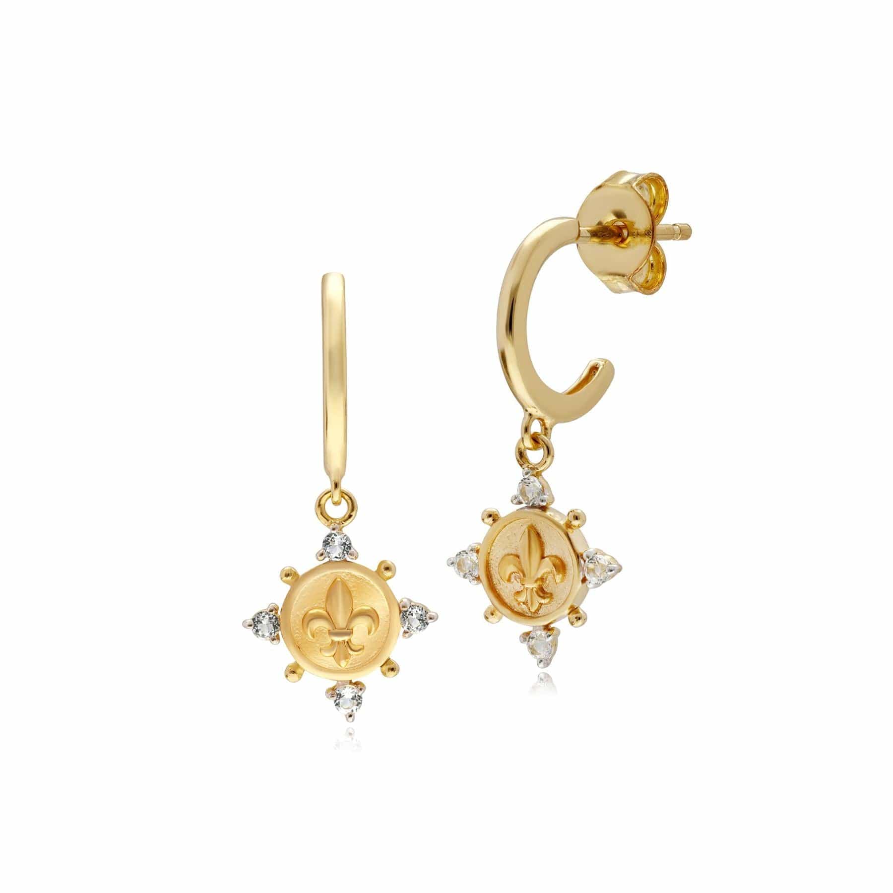 133E4107019 ECFEW™ White Topaz Fleur De Lis Hoop Earrings In 9ct Yellow Gold 1
