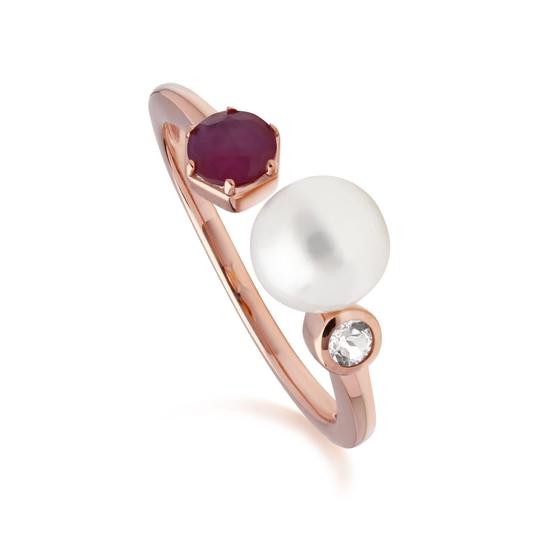 270R058802925 Modern Pearl, Ruby & Topaz Open Ring in Rose Gold Plated Silver 1