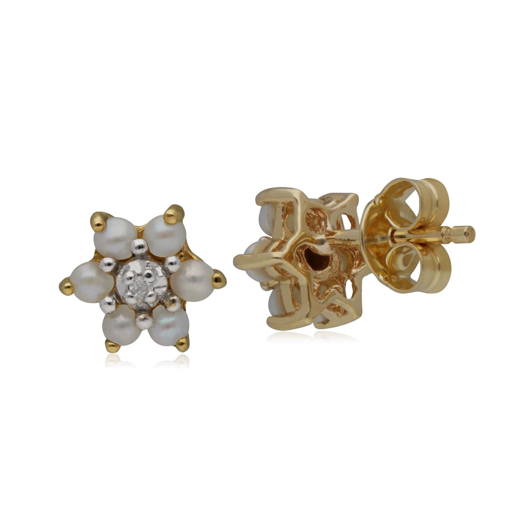 181E0726039 Classic Floral Pearl & Diamond Stud Earrings in 9ct Yellow Gold 2
