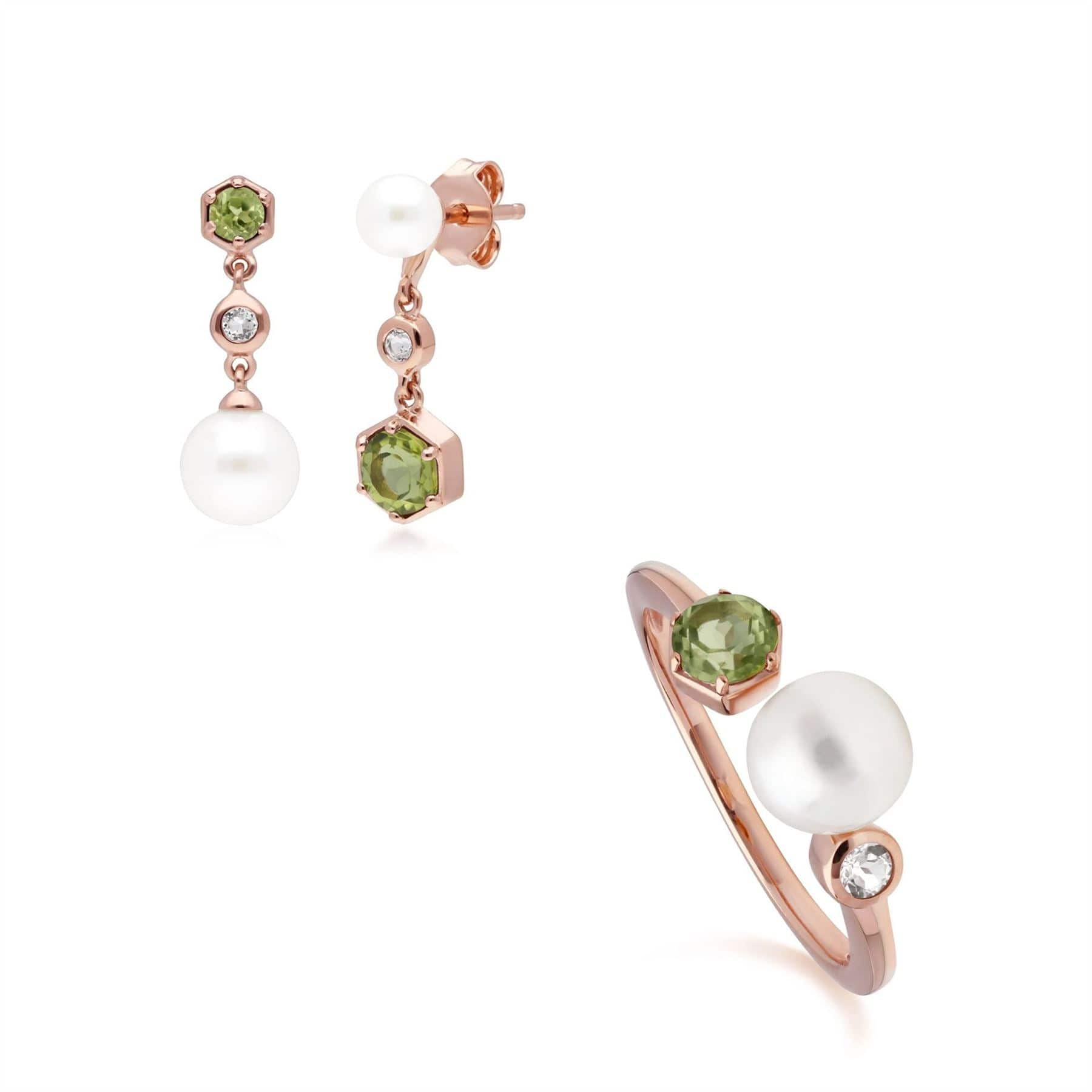 Modern Pearl, Peridot & Topaz Earring & Ring Set in Rose Gold Plated Silver - Gemondo