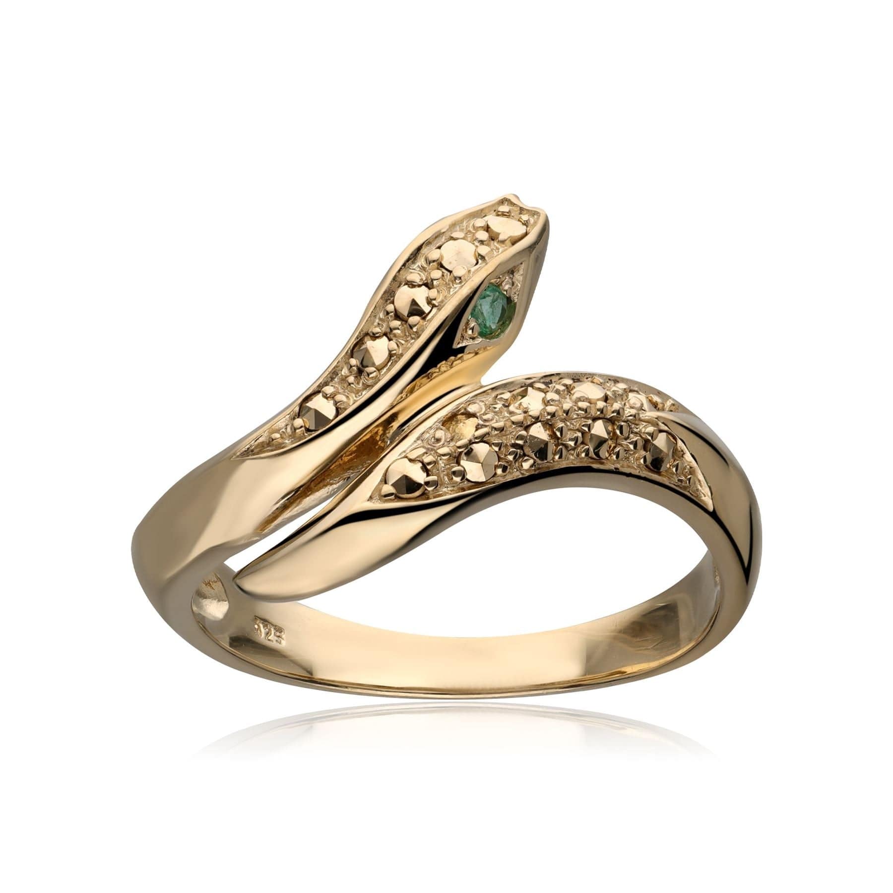 Emerald Eye Marcasite Snake Ring in Gold Plated Sterling Silver - Gemondo