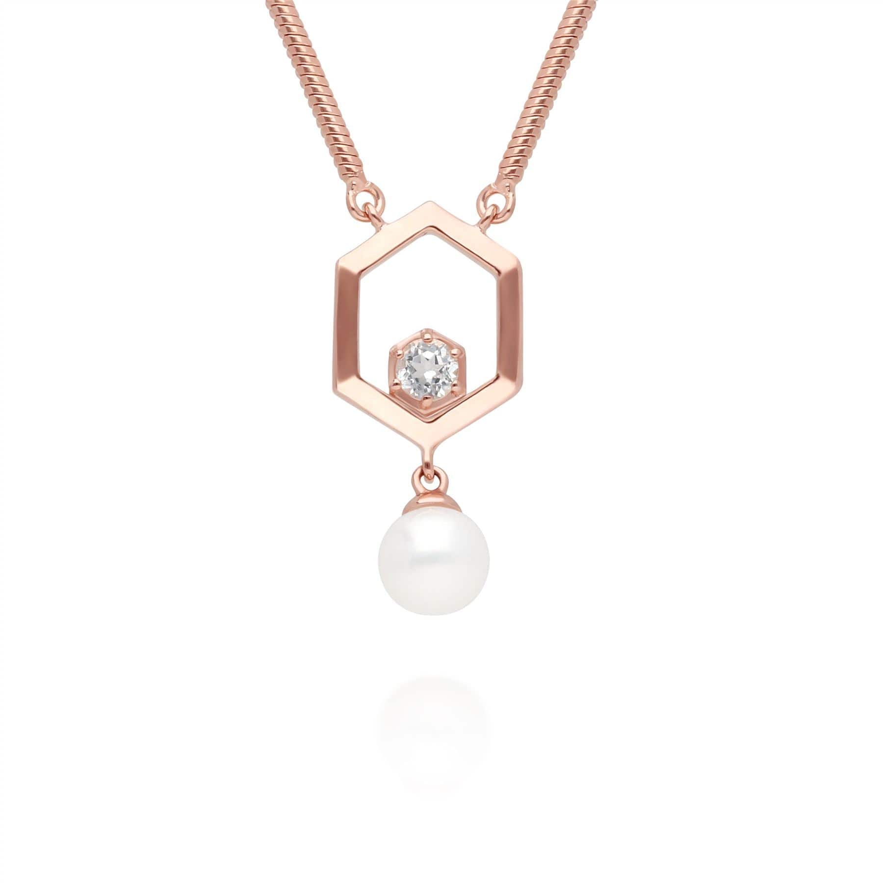 270N035610925 Modern Pearl & White Topaz Hexagon Drop Necklace in Rose Gold Plated Silver 1