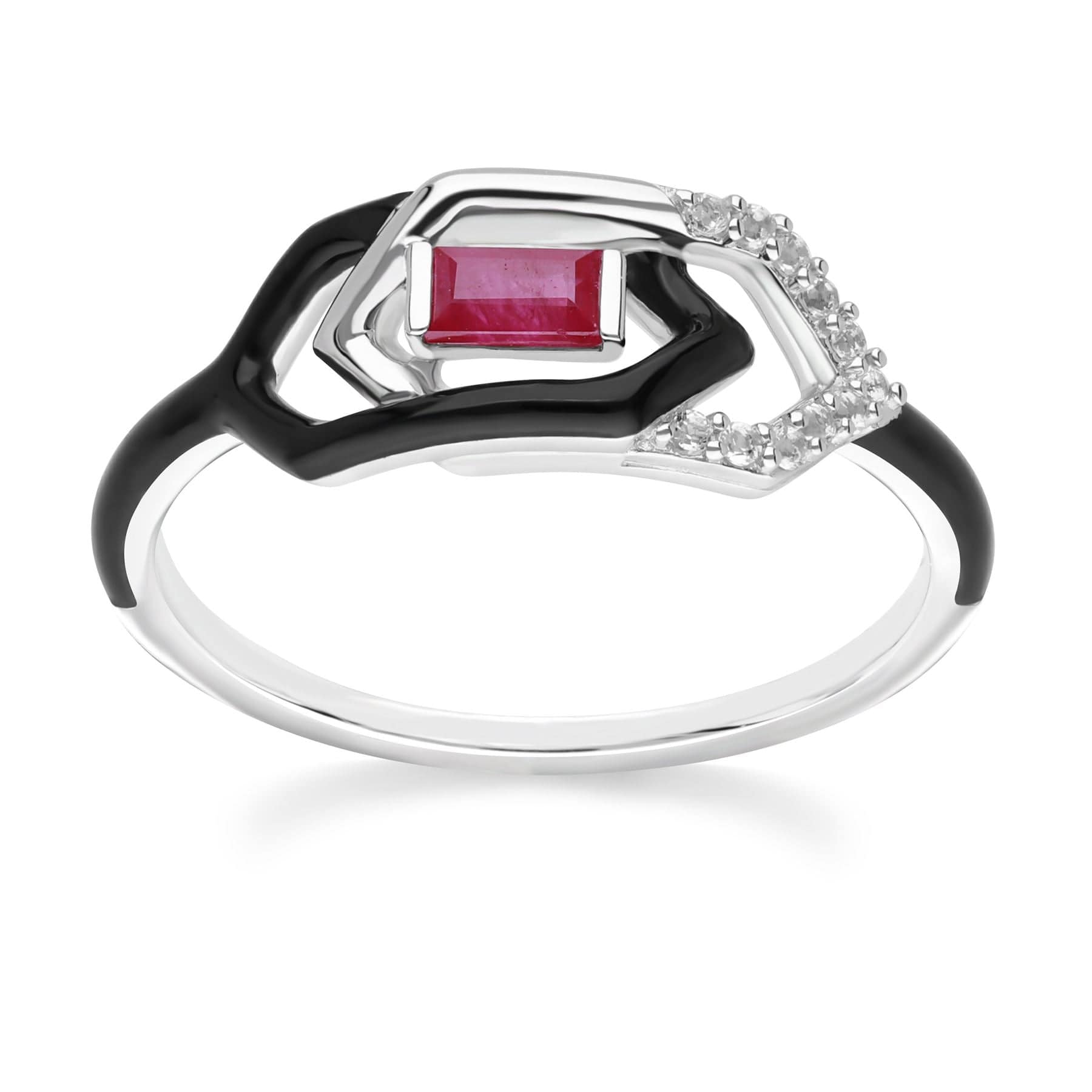 162R0415019 Grand Deco Enamel, White Topaz & Ruby Link Ring in 9ct White Gold 2