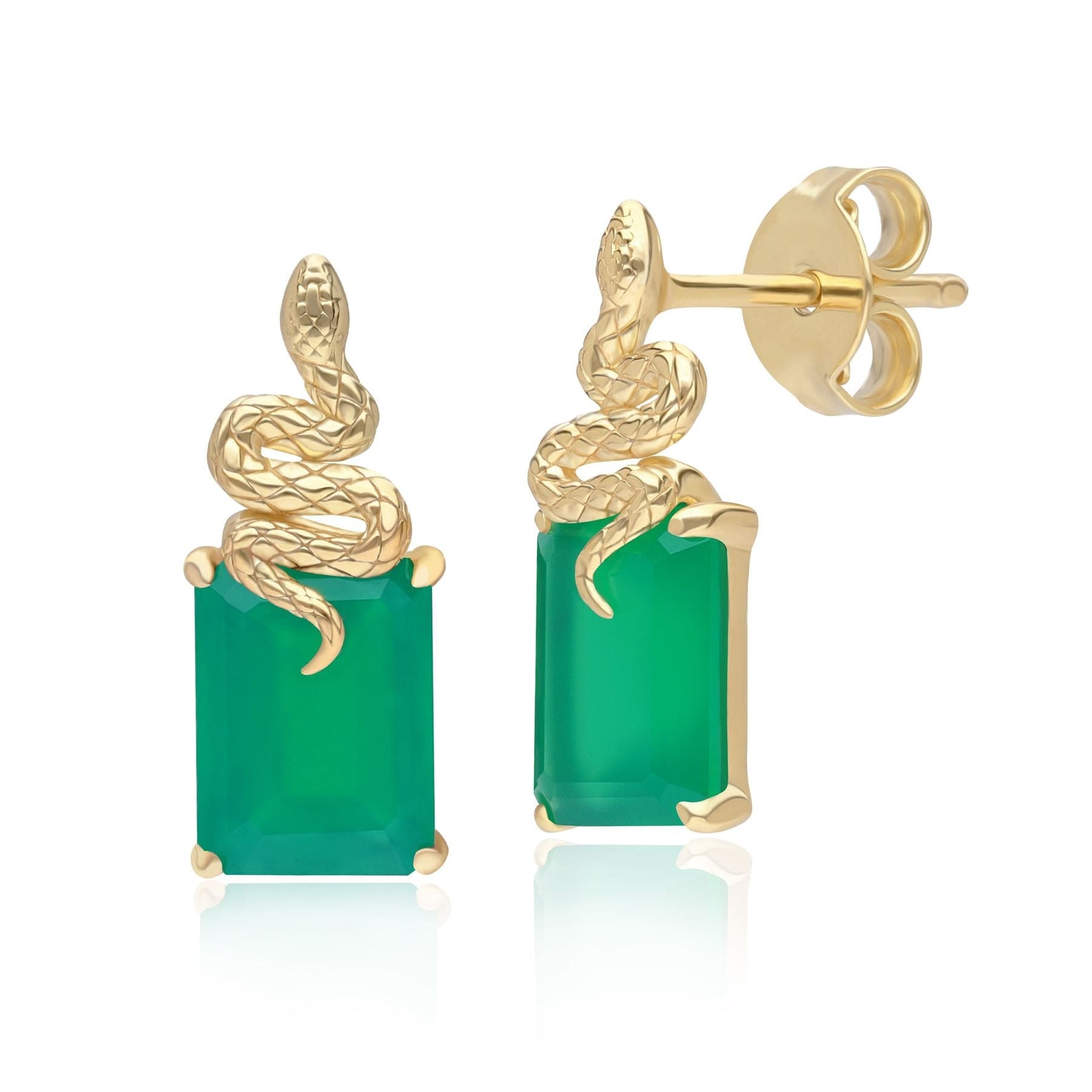 270E037101925 Grand Deco Green Chalcedony Snake Stud Earrings in Gold Plated Sterling Silver Front