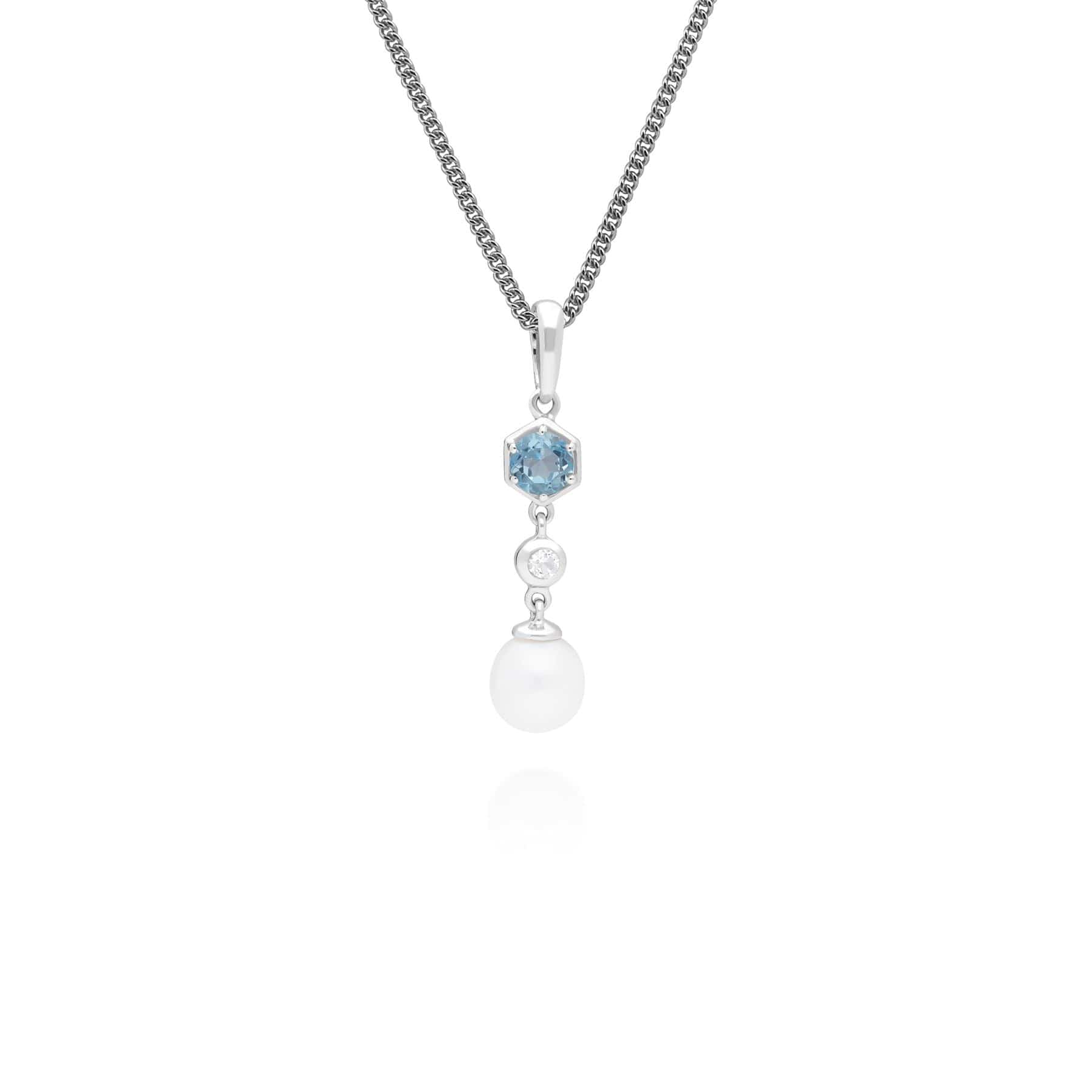 270P029401925 Modern Pearl & Blue Topaz Drop Pendant in 925 Sterling Silver 1