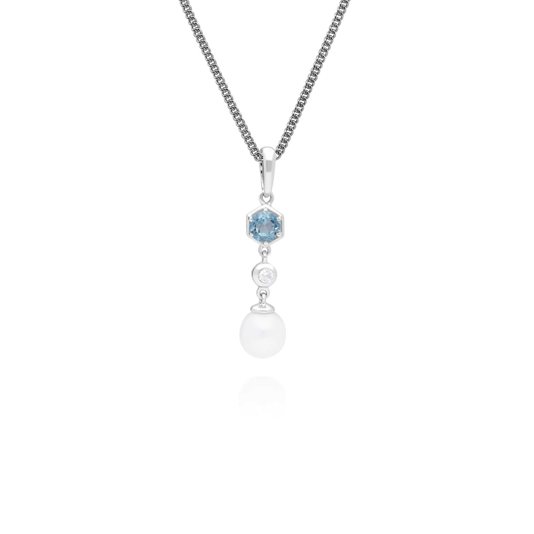 Modern Pearl & Blue Topaz Drop Pendant in 925 Sterling Silver