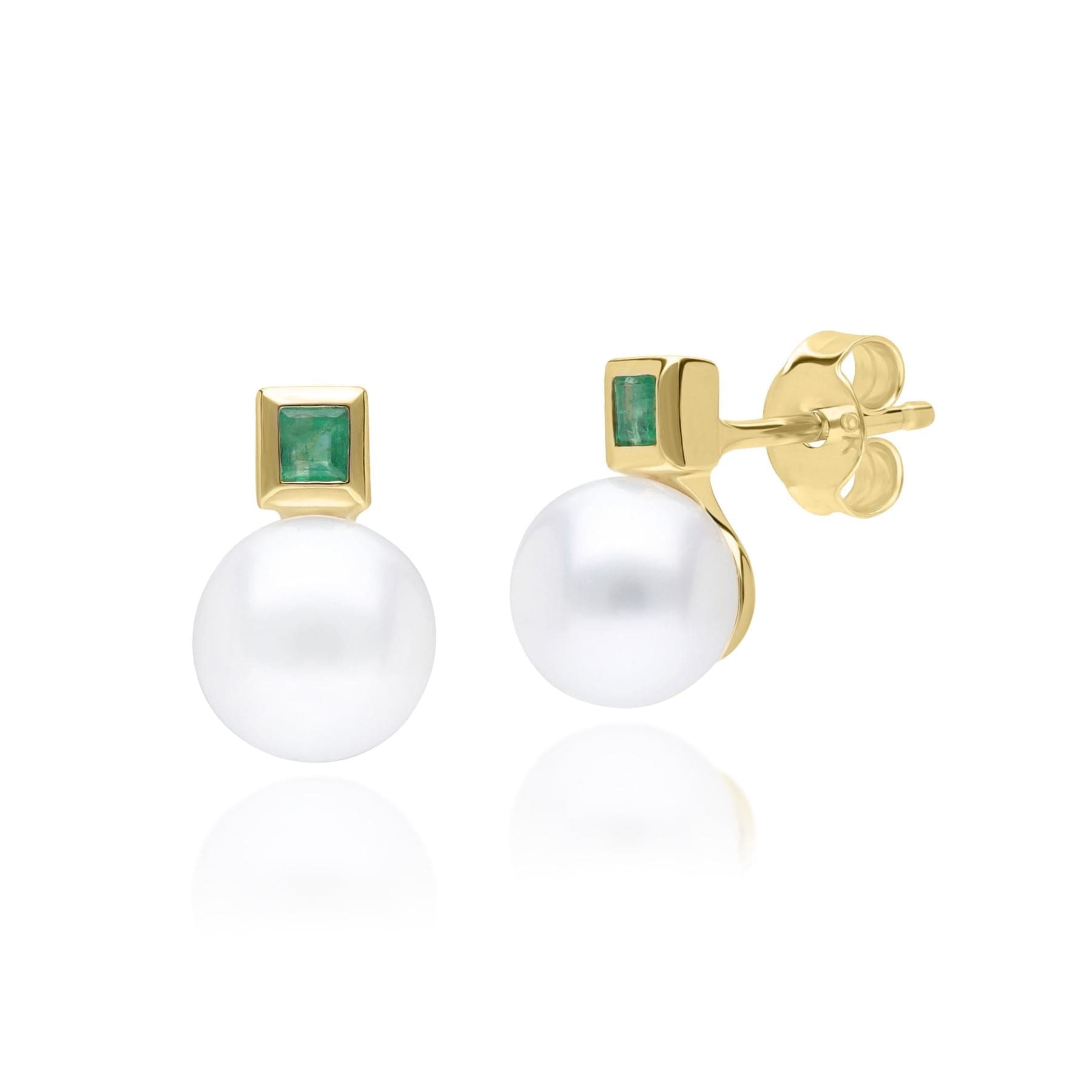 Modern Pearl & Square Emerald Stud Earrings in 9ct Yellow Gold - Gemondo