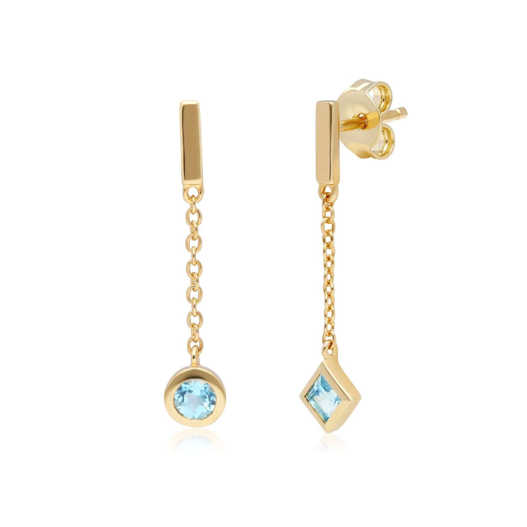 135E1634019 Micro Statement Mismatched Blue Topaz Dangle Earrings in 9ct Gold 4