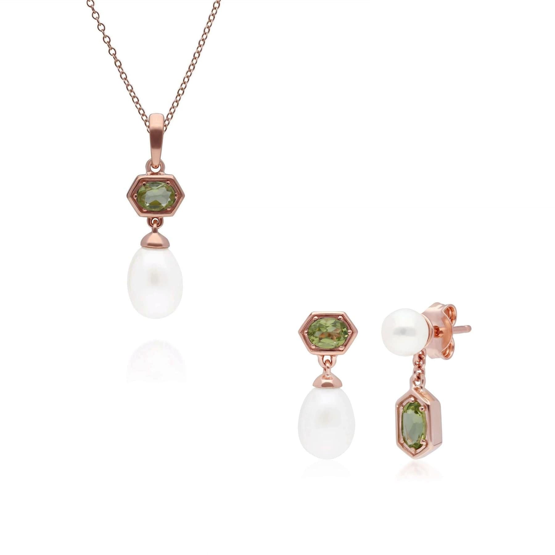 270P030406925-270E030406925 Modern Pearl & Peridot Pendant & Earring Set in Rose Gold Plated Silver 1