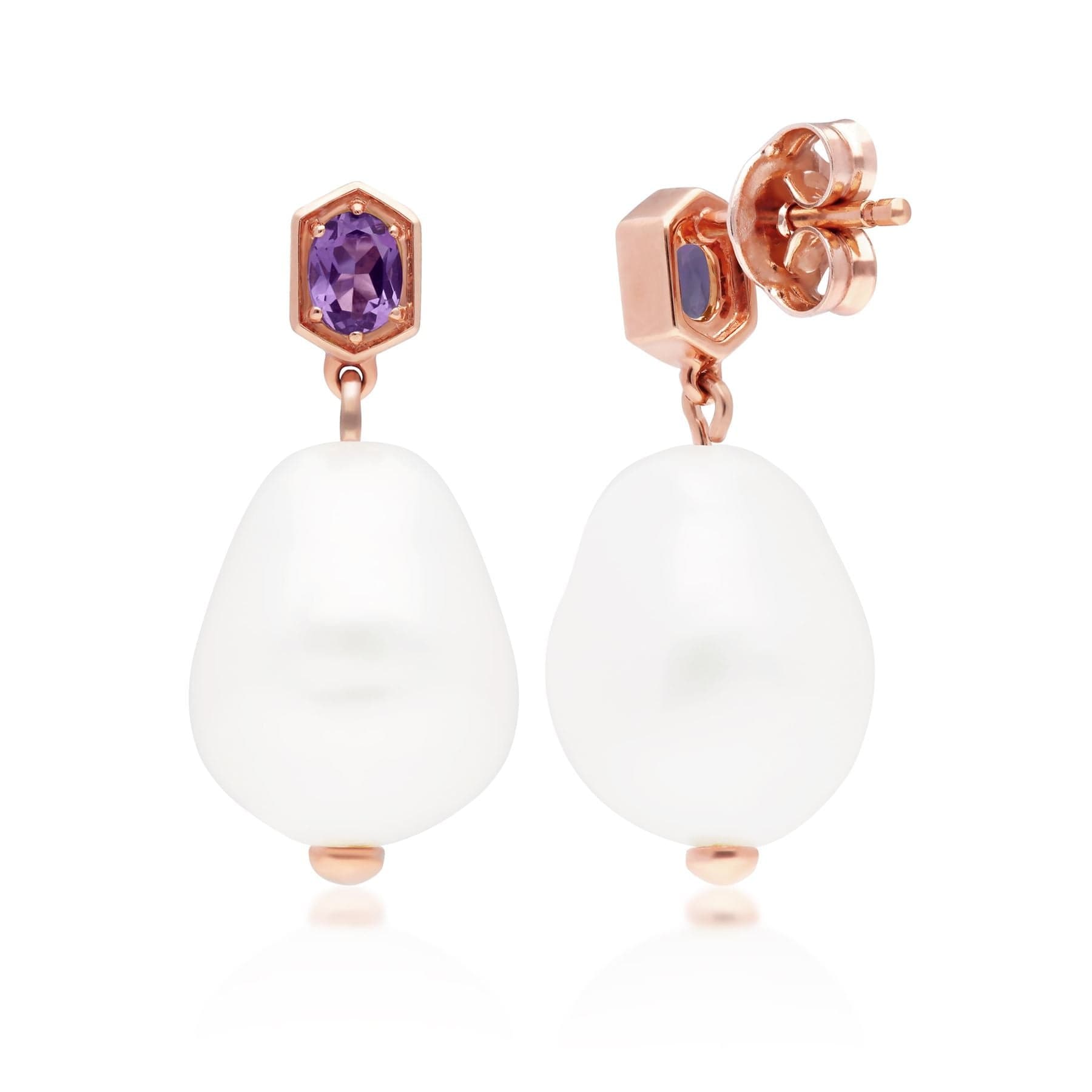 270E030504925 Modern Baroque Pearl & Amethyst Drop Earrings in Rose Gold Plated Silver 3