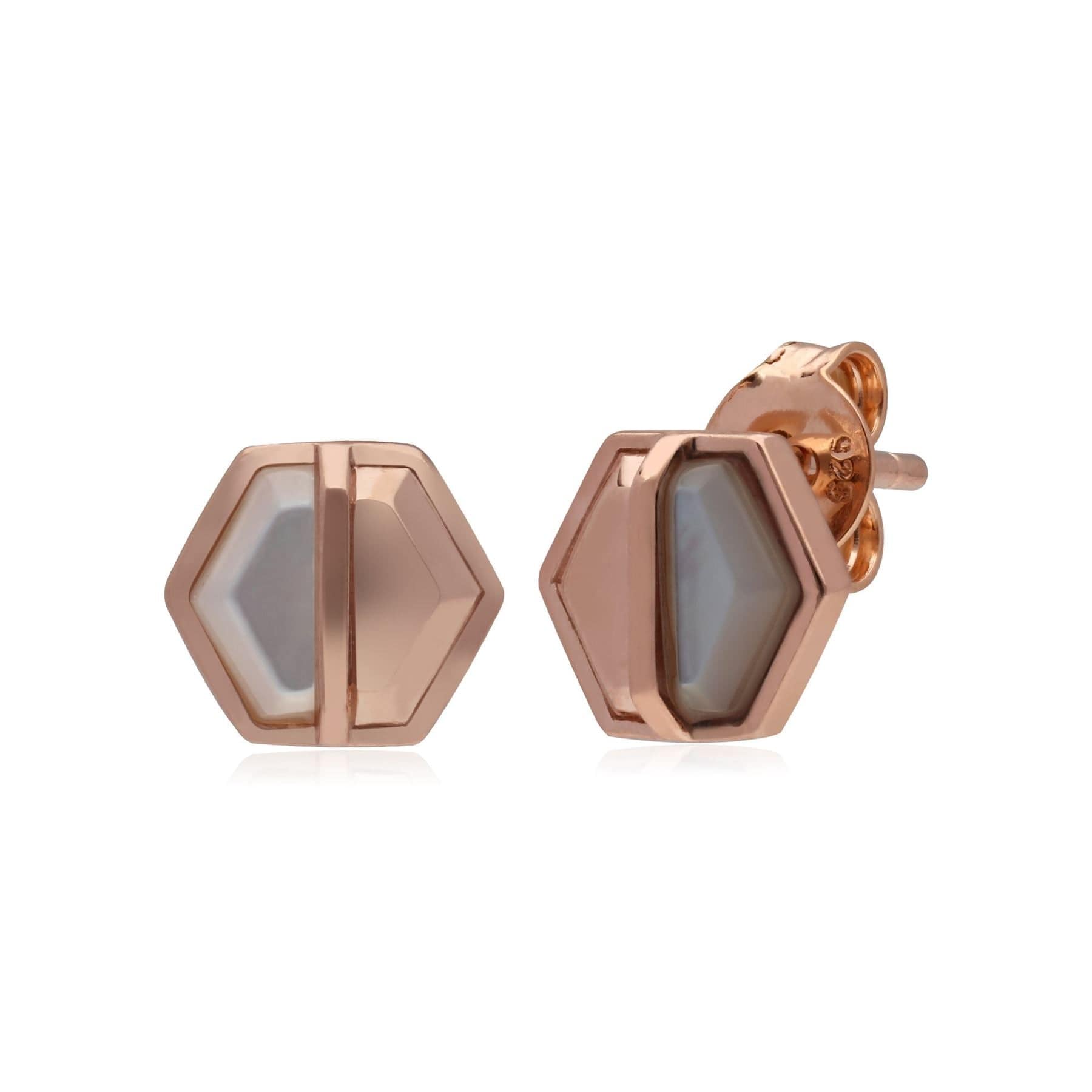 Micro Statement Mother of Pearl Hexagon Stud Earrings in Rose Gold Plated Silver
