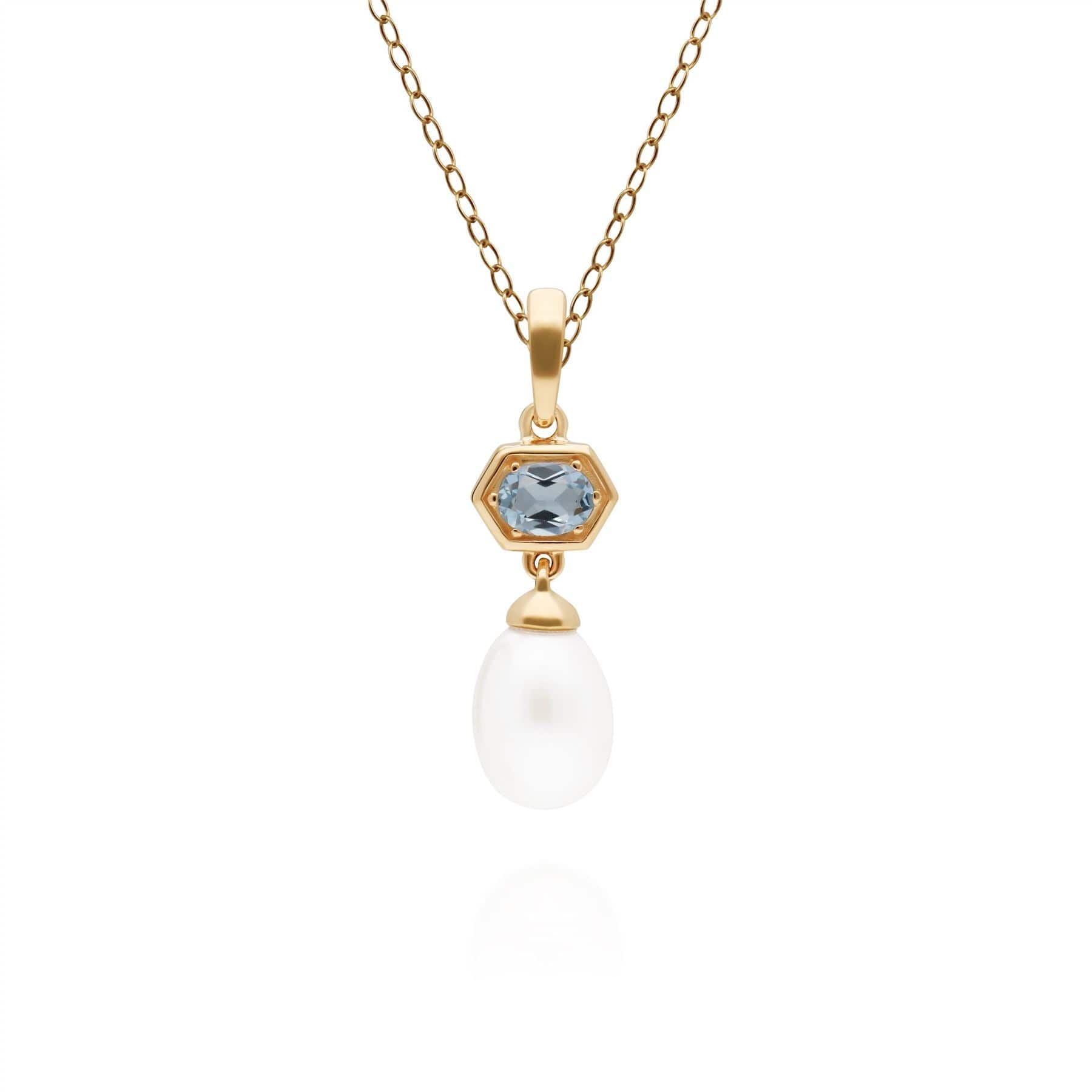 270P030205925 Modern Pearl & Blue Topaz Hexagon Drop Pendant in Gold Plated Silver 1
