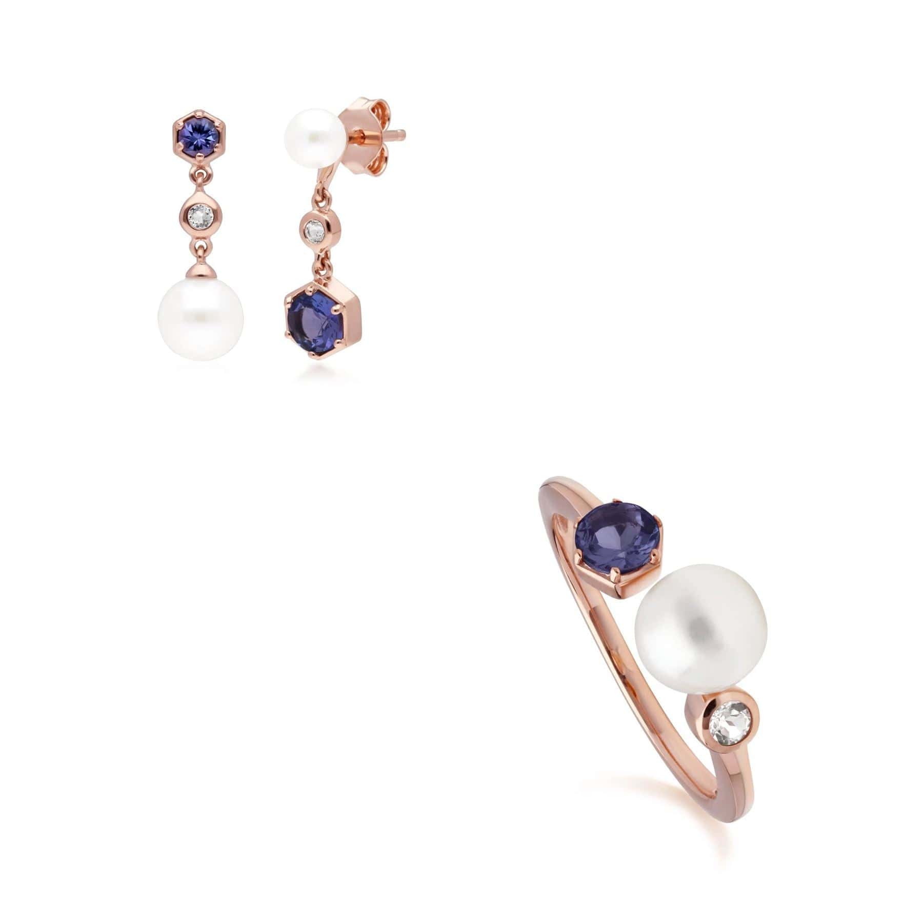 270E030308925-270R058808925 Modern Pearl, Tanzanite & Topaz Earring & Ring Set in Rose Gold Plated Silver 1