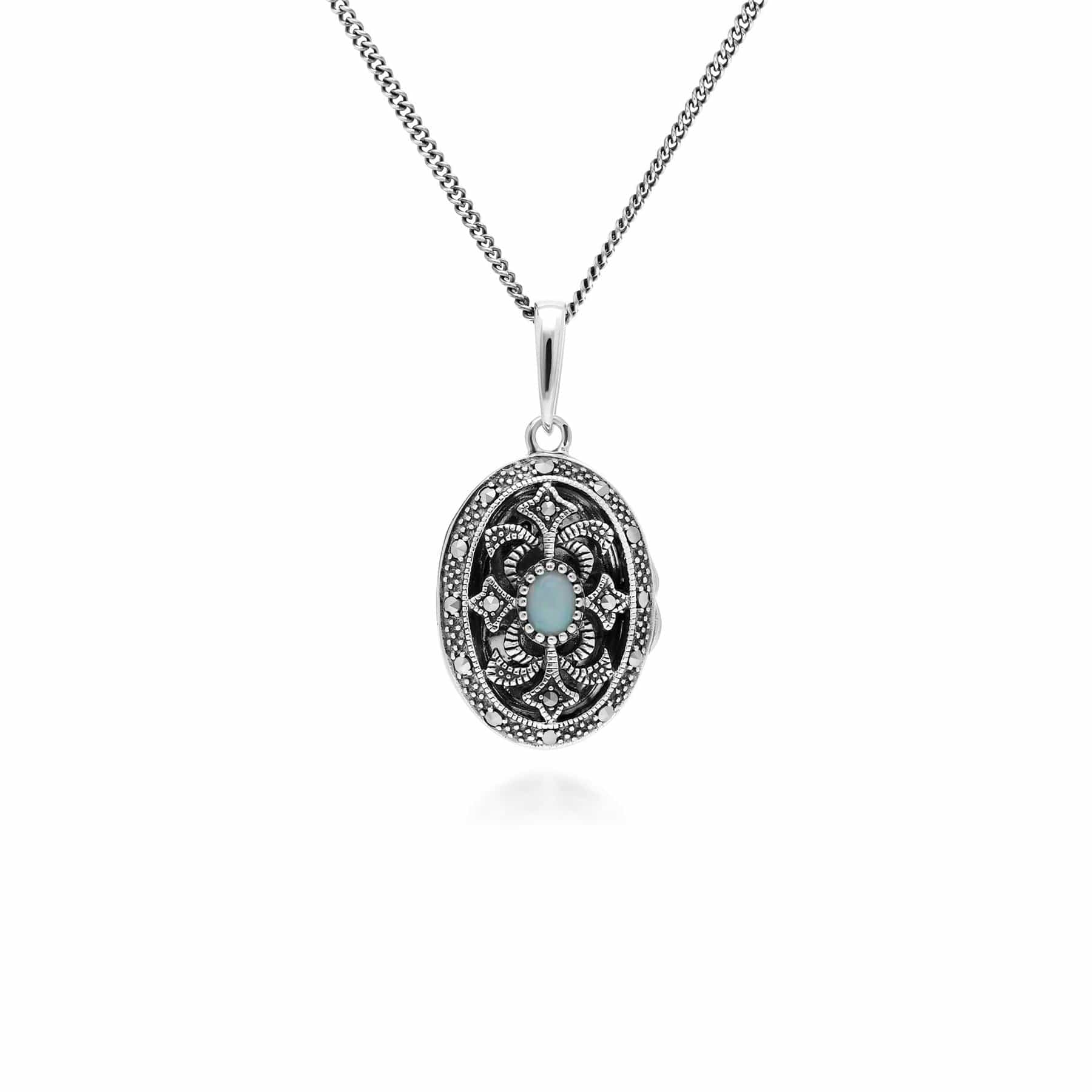 Art Nouveau Style Oval Opal & Marcasite Locket Necklace in 925 Sterling Silver - Gemondo