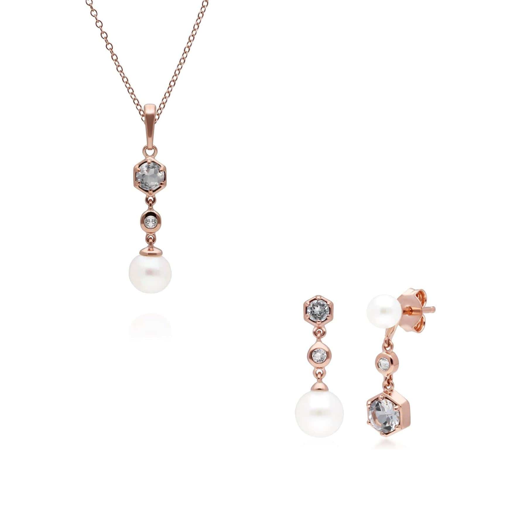 270P030309925-270E030309925 Modern Pearl & White Topaz Pendant & Earring Set in Rose Gold Plated Silver 1