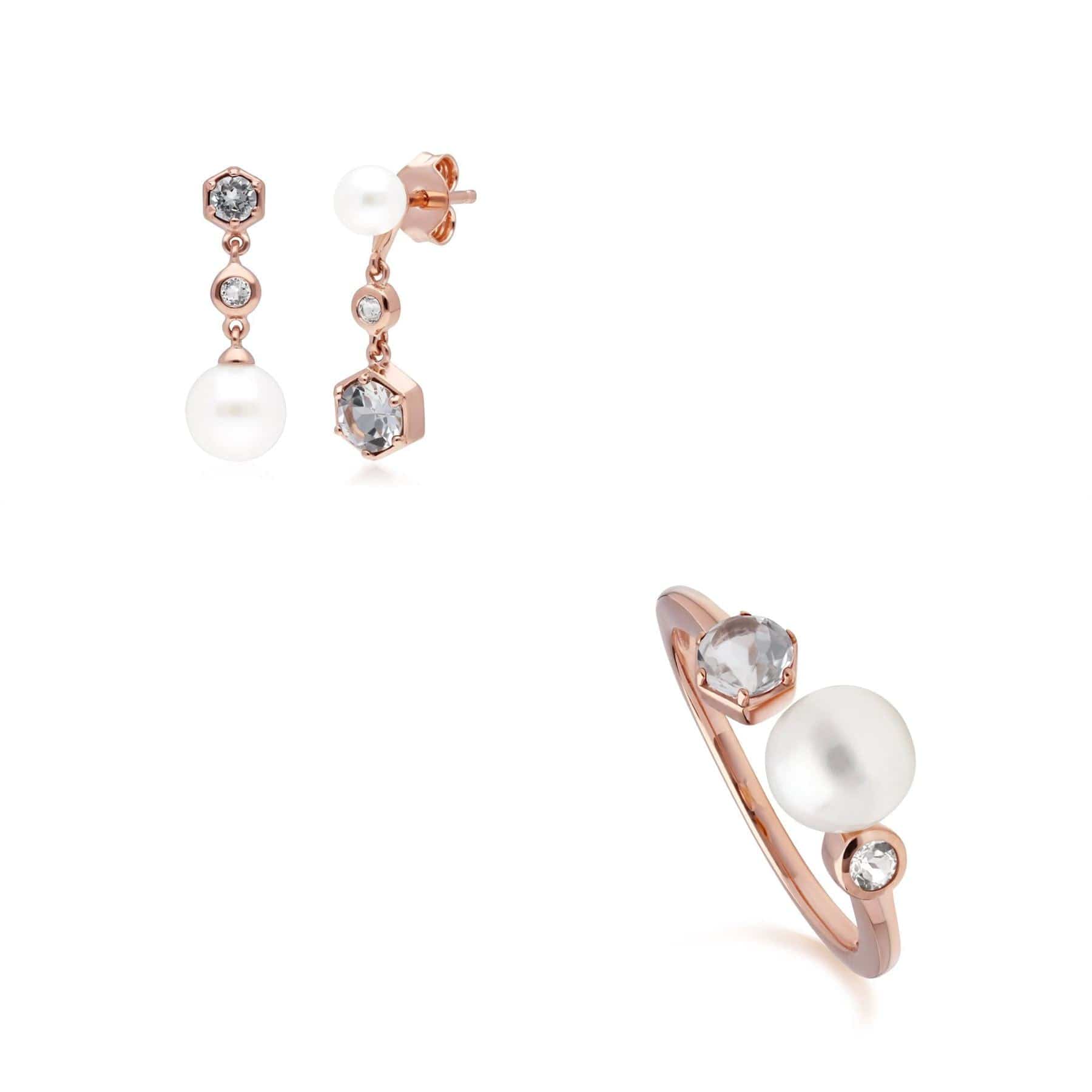 270E030309925-270R058809925 Modern Pearl & White Topaz Earring & Ring Set in Rose Gold Plated Silver 1