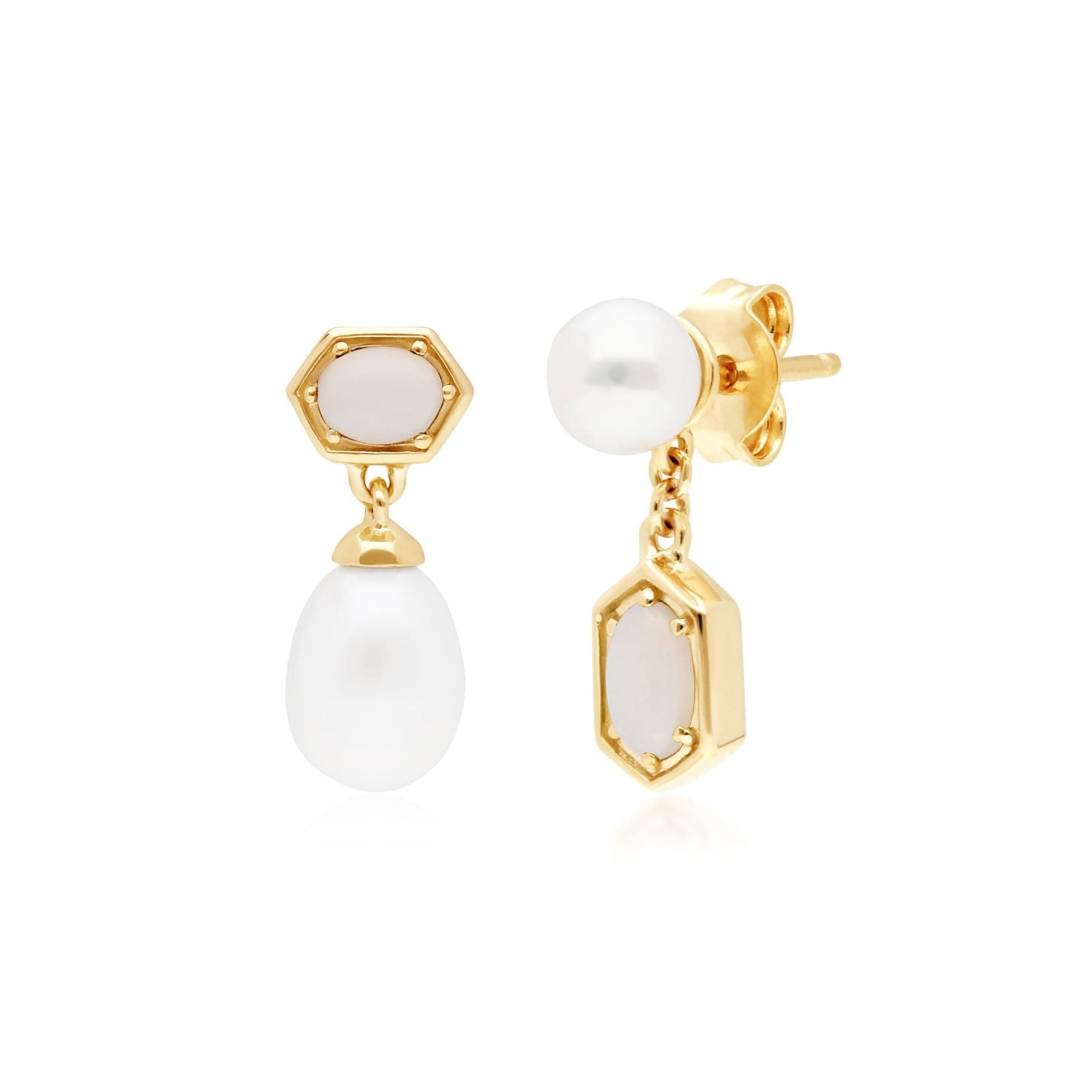 270E030601925 Modern Pearl & Opal Mismatched Drop Earrings in Gold Plated Silver 1