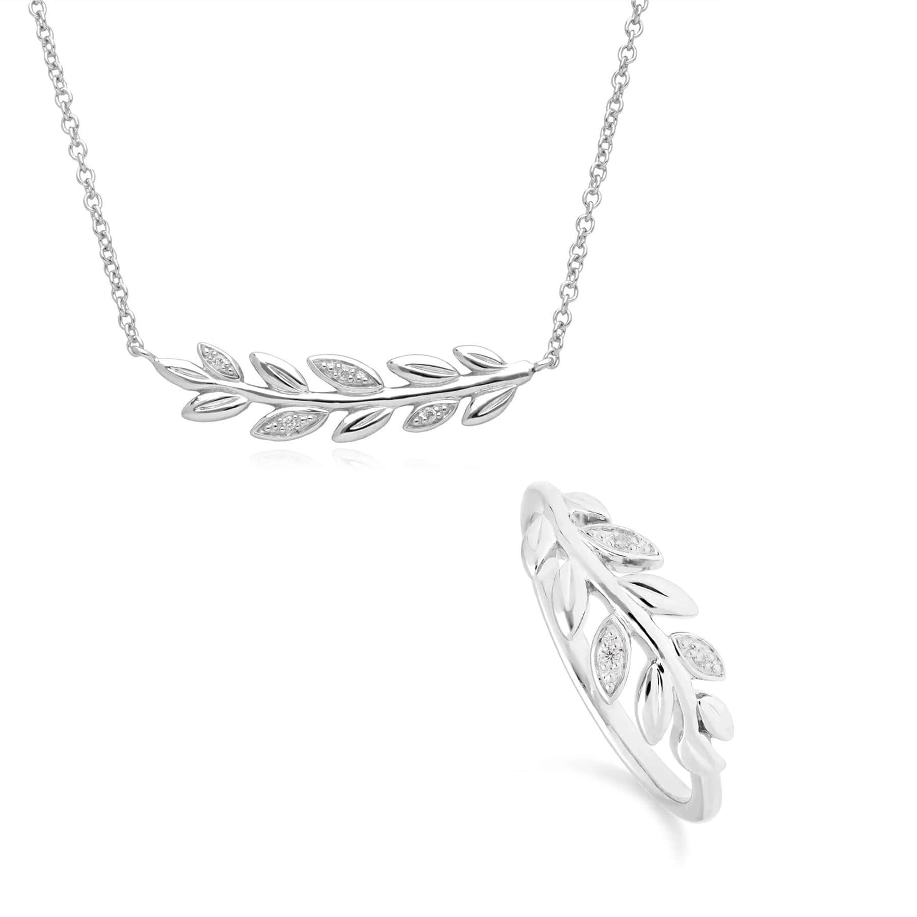 162N0035019-162R0397019 O Leaf Diamond Necklace & Ring Set in 9ct White Gold 1