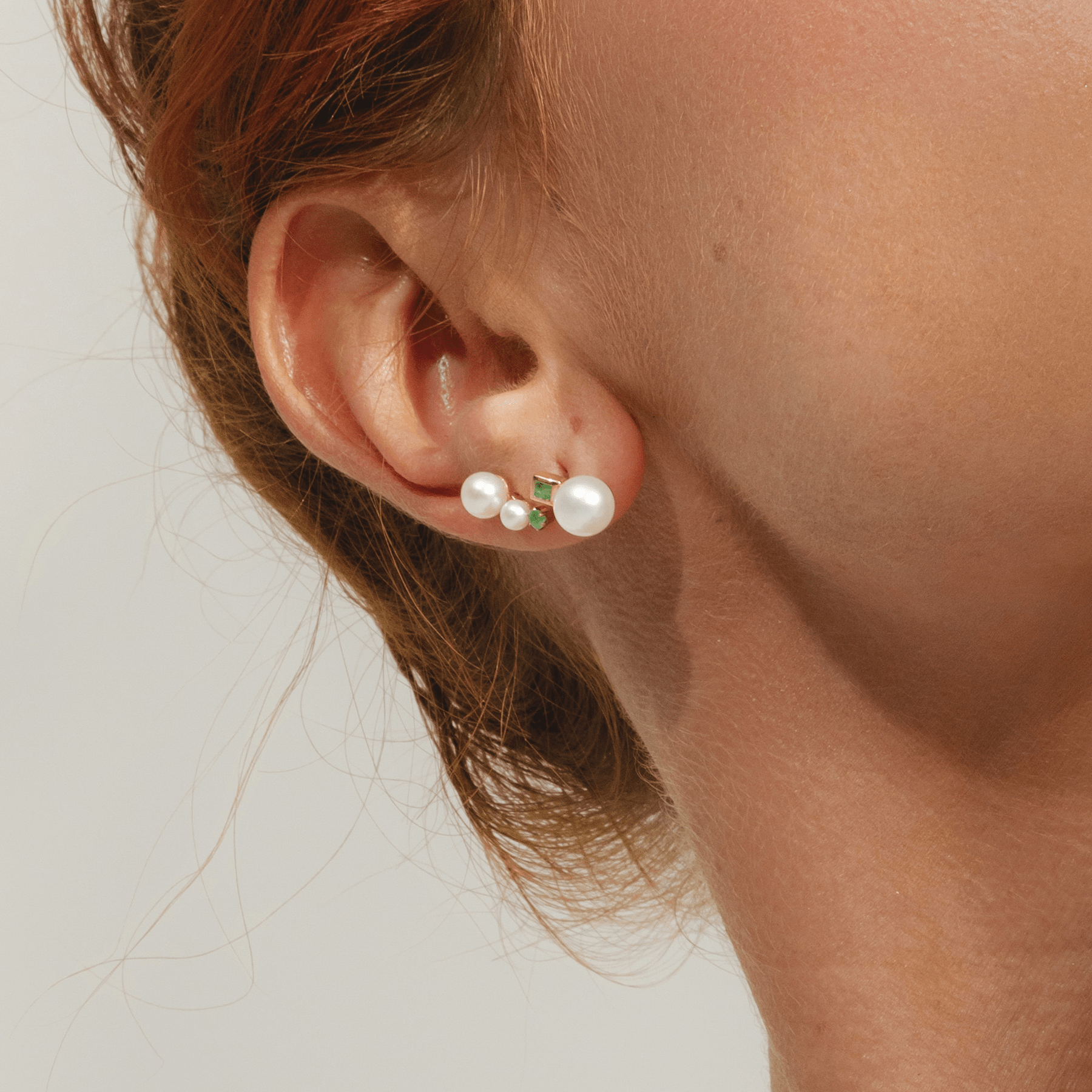 135E1809019 Modern Pearl & Emerald Climber Stud Earrings in 9ct Yellow Gold 2