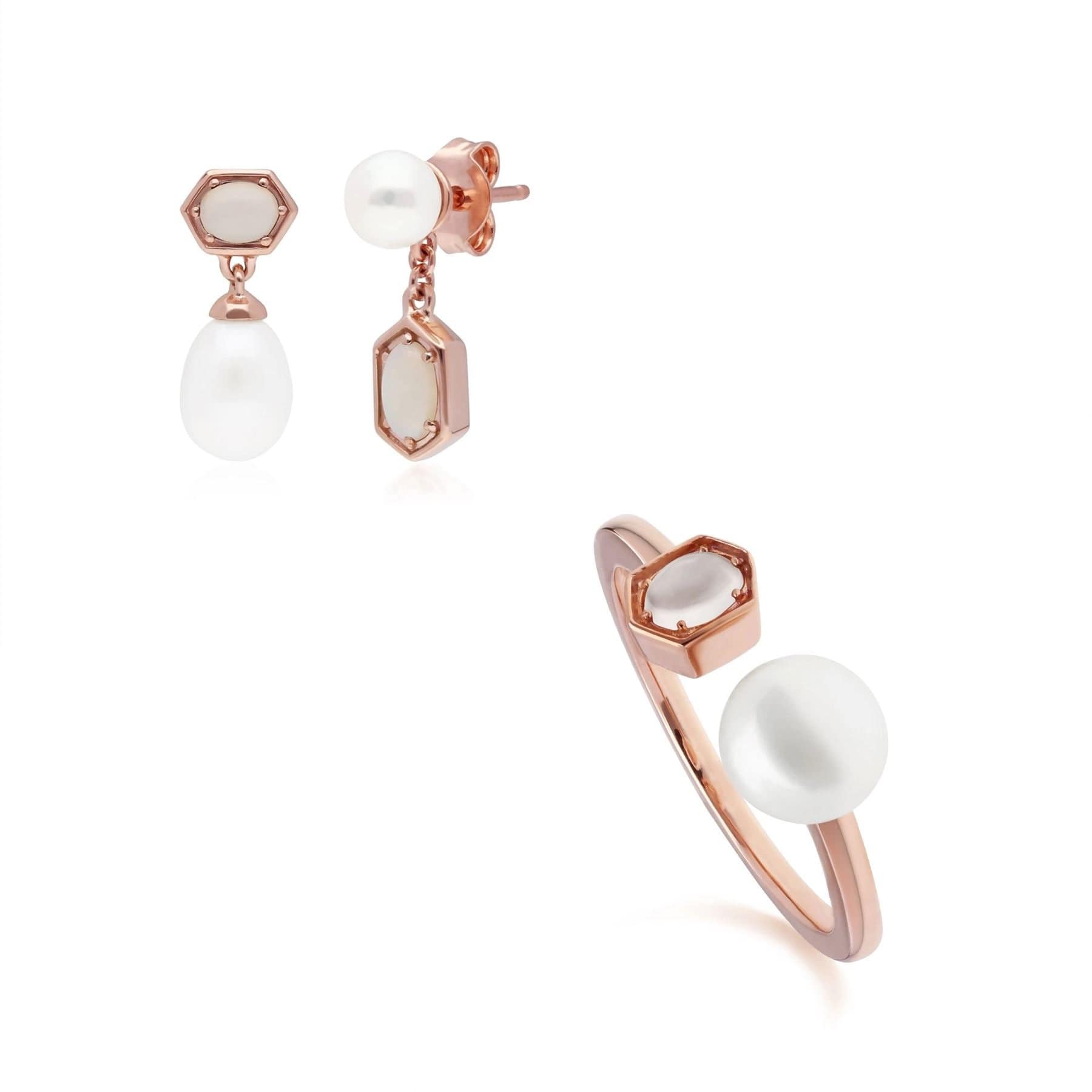 270E031001925-270R059201925 Modern Pearl & Opal Earring & Ring Set in Rose Gold Plated Silver 1