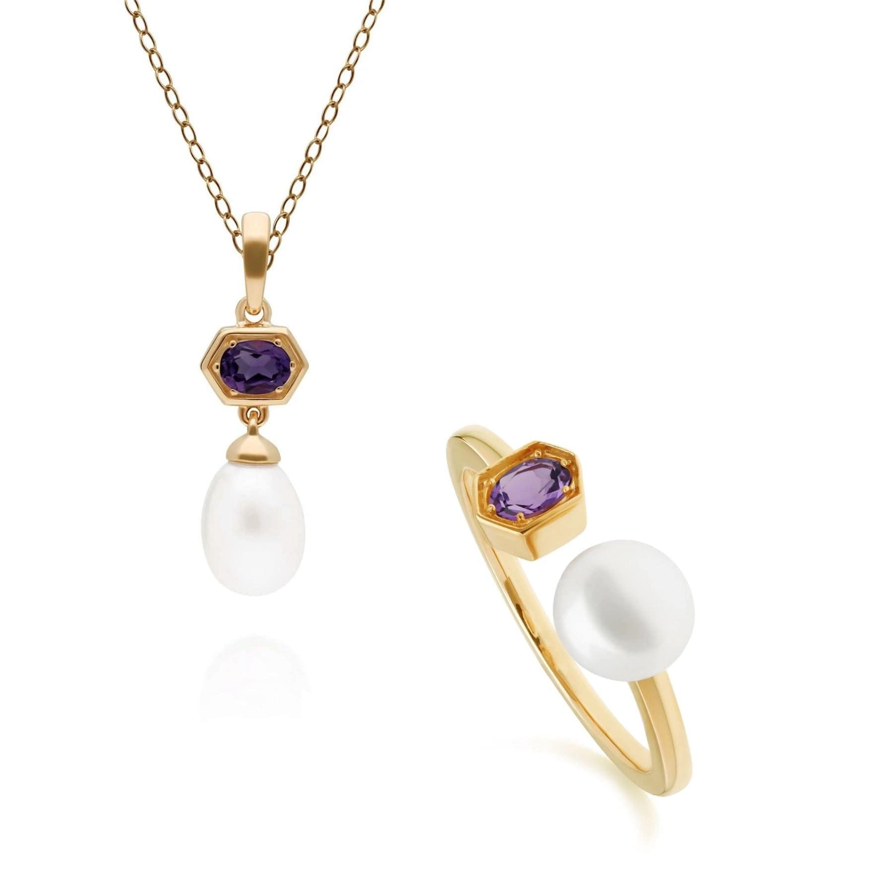 270P030210925-270R058704925 Modern Pearl & Amethyst Pendant & Ring Set in Gold Plated Silver 1