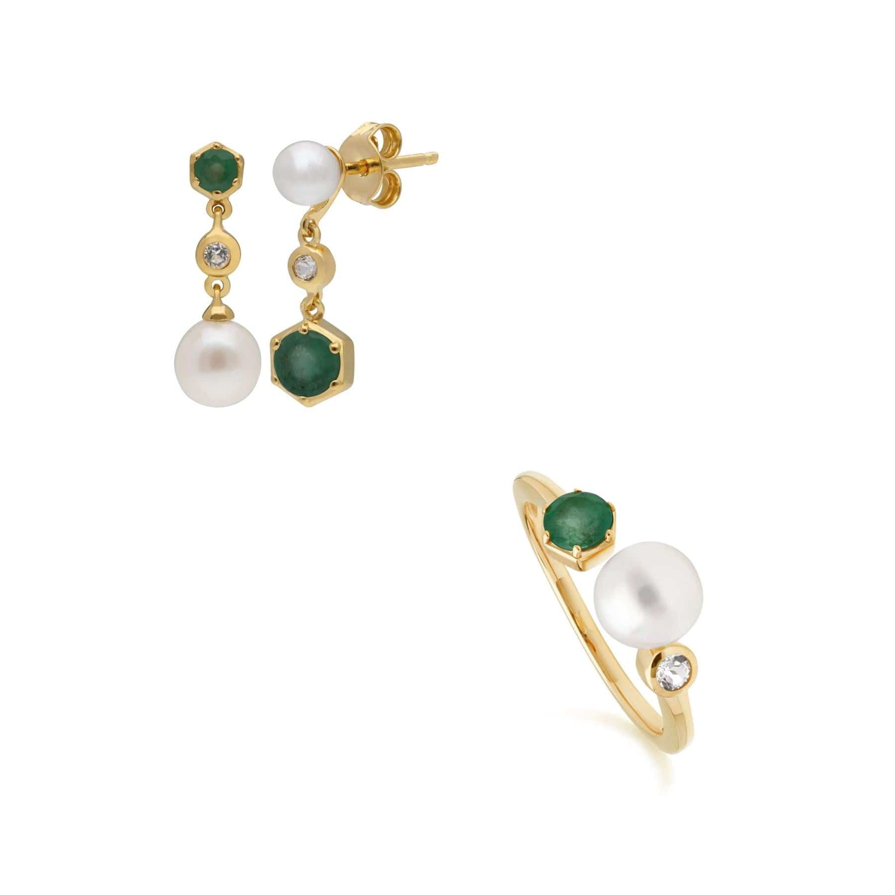 270E030103925-270R058603925 Modern Pearl, Topaz & Emerald Earring & Ring Set in Gold Plated Silver 1