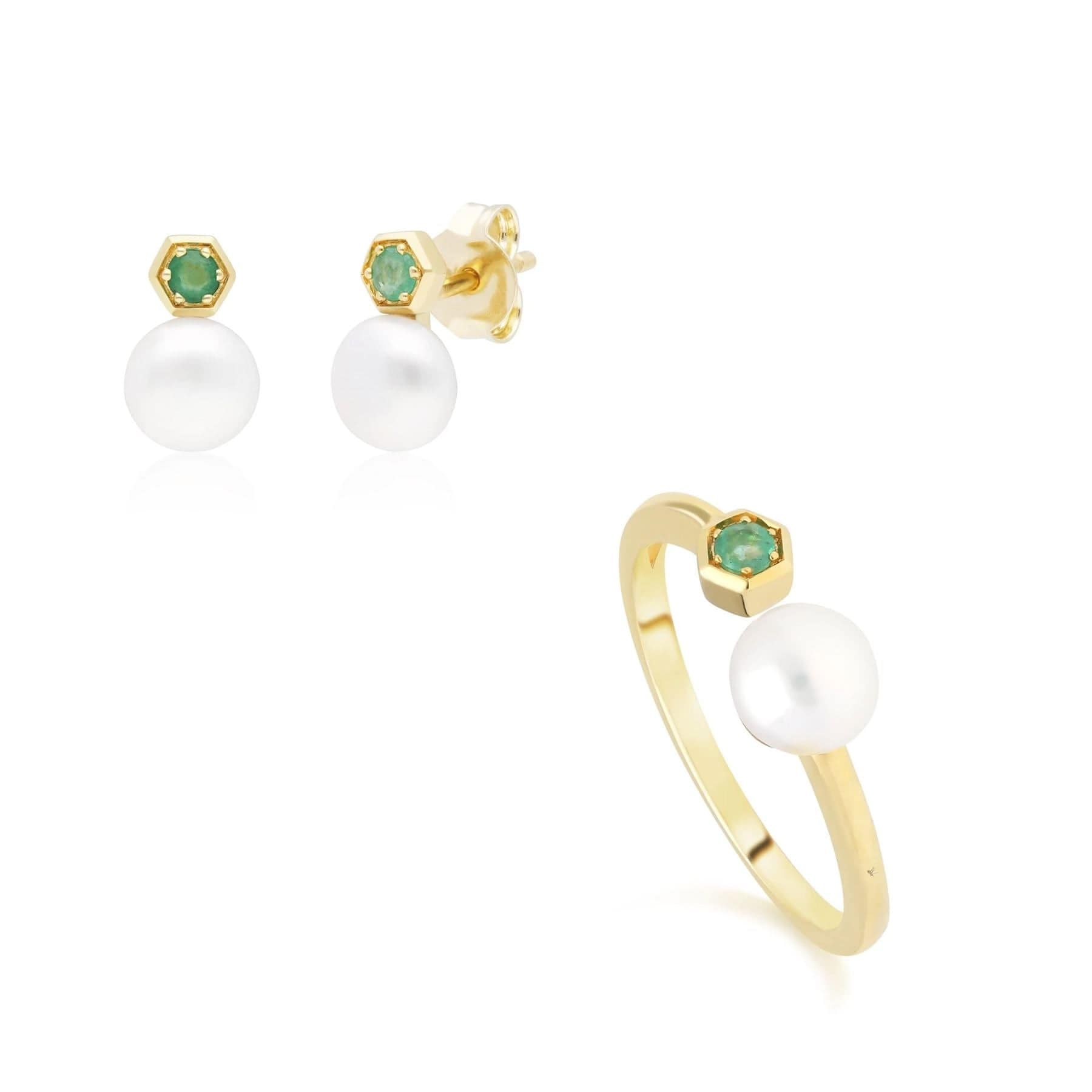 135E1633019-135R1840019 Modern Pearl & Emerald Earring & Ring Set in 9ct Gold 1