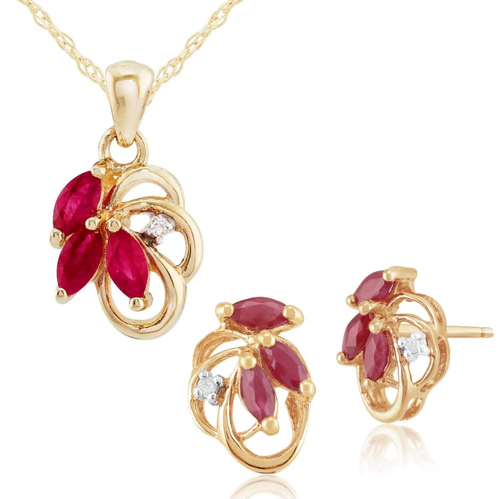 Art Nouveau Ruby & Diamond Leaf Stud Earrings & Pendant Set Image 1