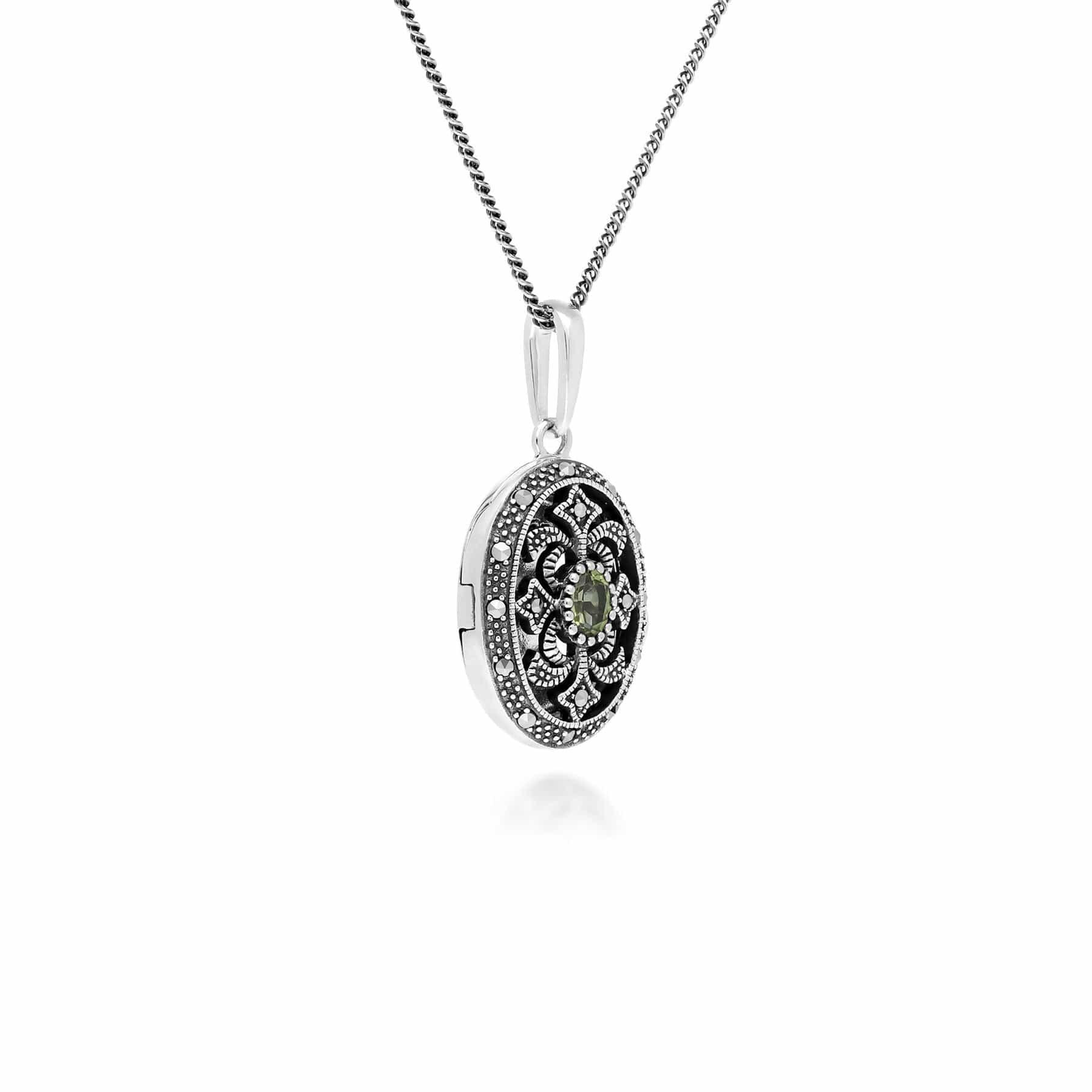 214N716207925 Art Nouveau Style Oval Peridot & Marcasite Locket Necklace in 925 Sterling Silver 2