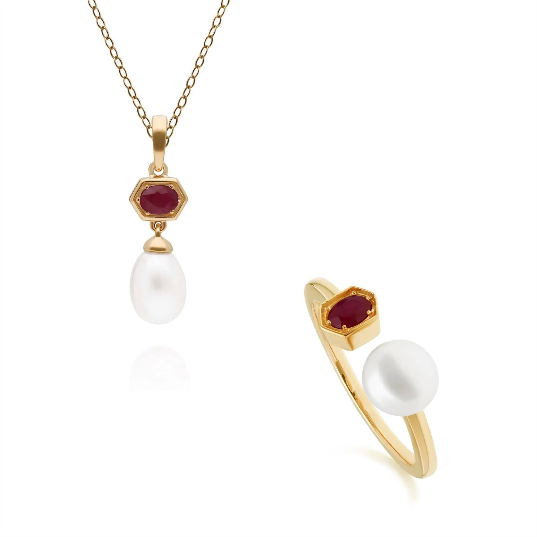 270P030202925-270R058702925 Modern Pearl & Ruby Ring & Pendant Set in Gold Plated Silver 1