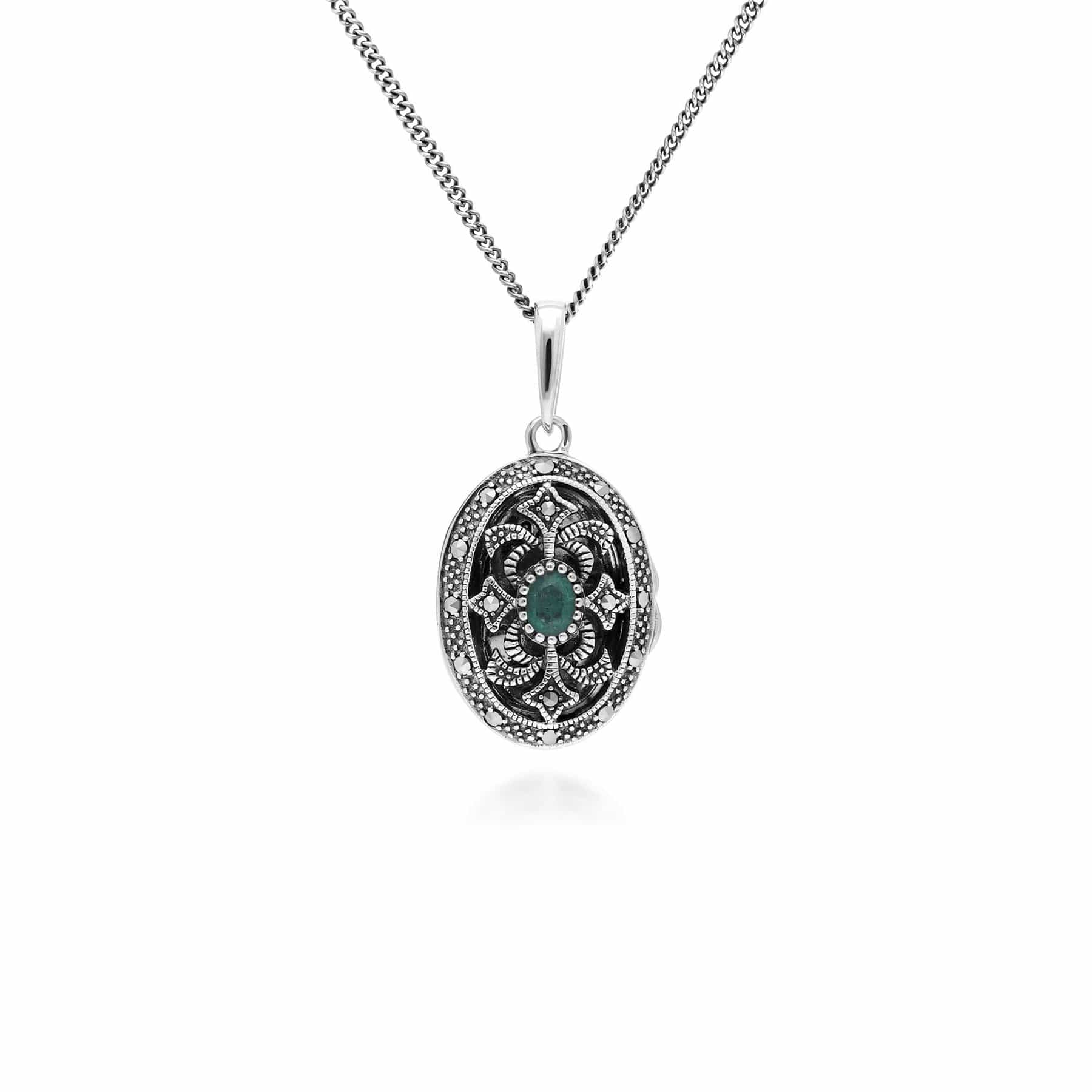 214N716201925 Art Nouveau Style Oval Emerald & Marcasite Locket Necklace in 925 Sterling Silver 1