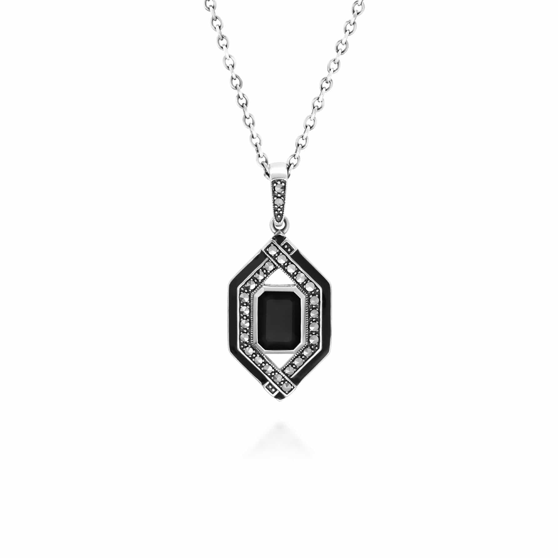 214N709401925 Art Deco Inspired Black Spinel, Enamel & Marcasite Necklace in Sterling Silver 1
