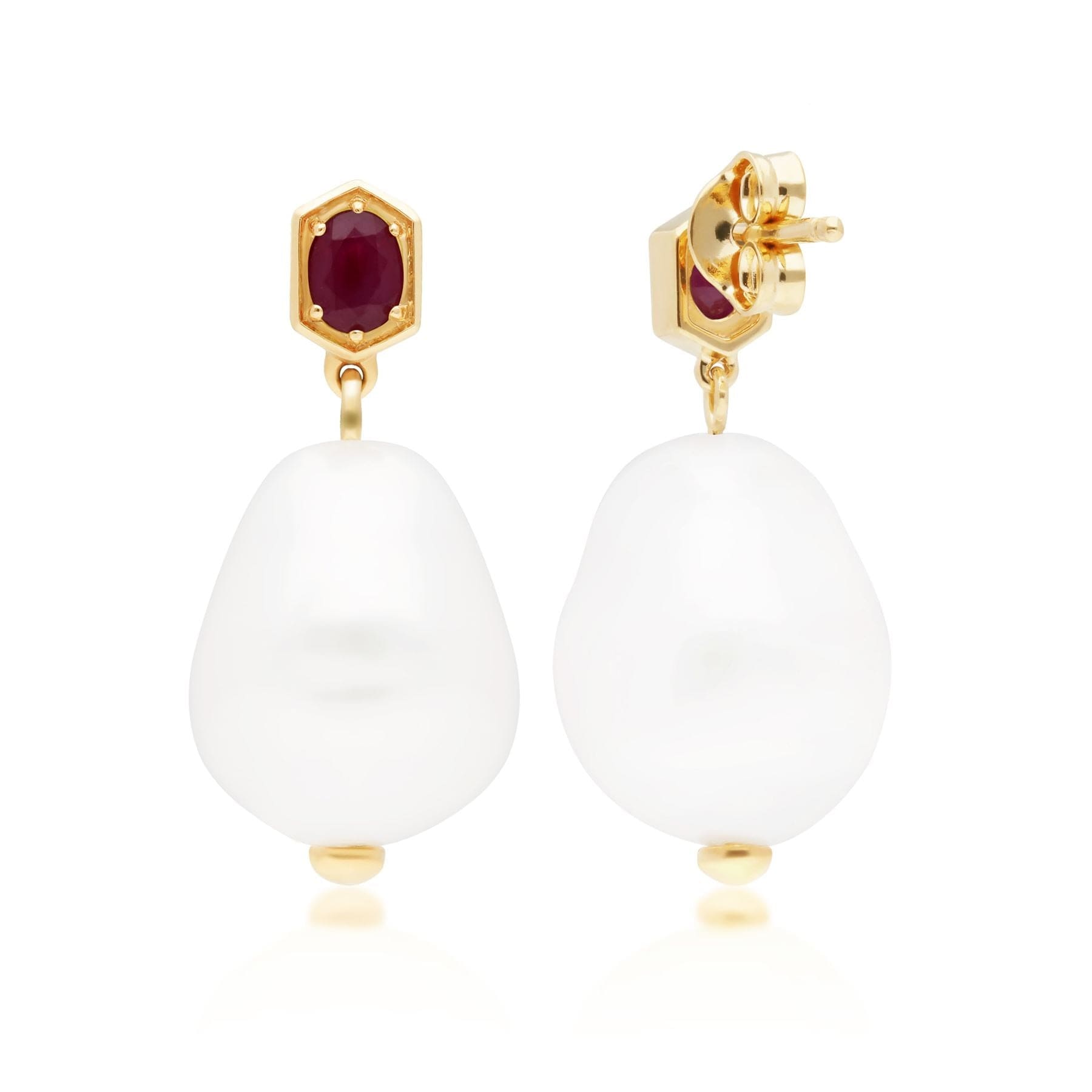 270E028203925 Modern Baroque Pearl & Ruby Drop Earrings in Gold Plated Silver 4