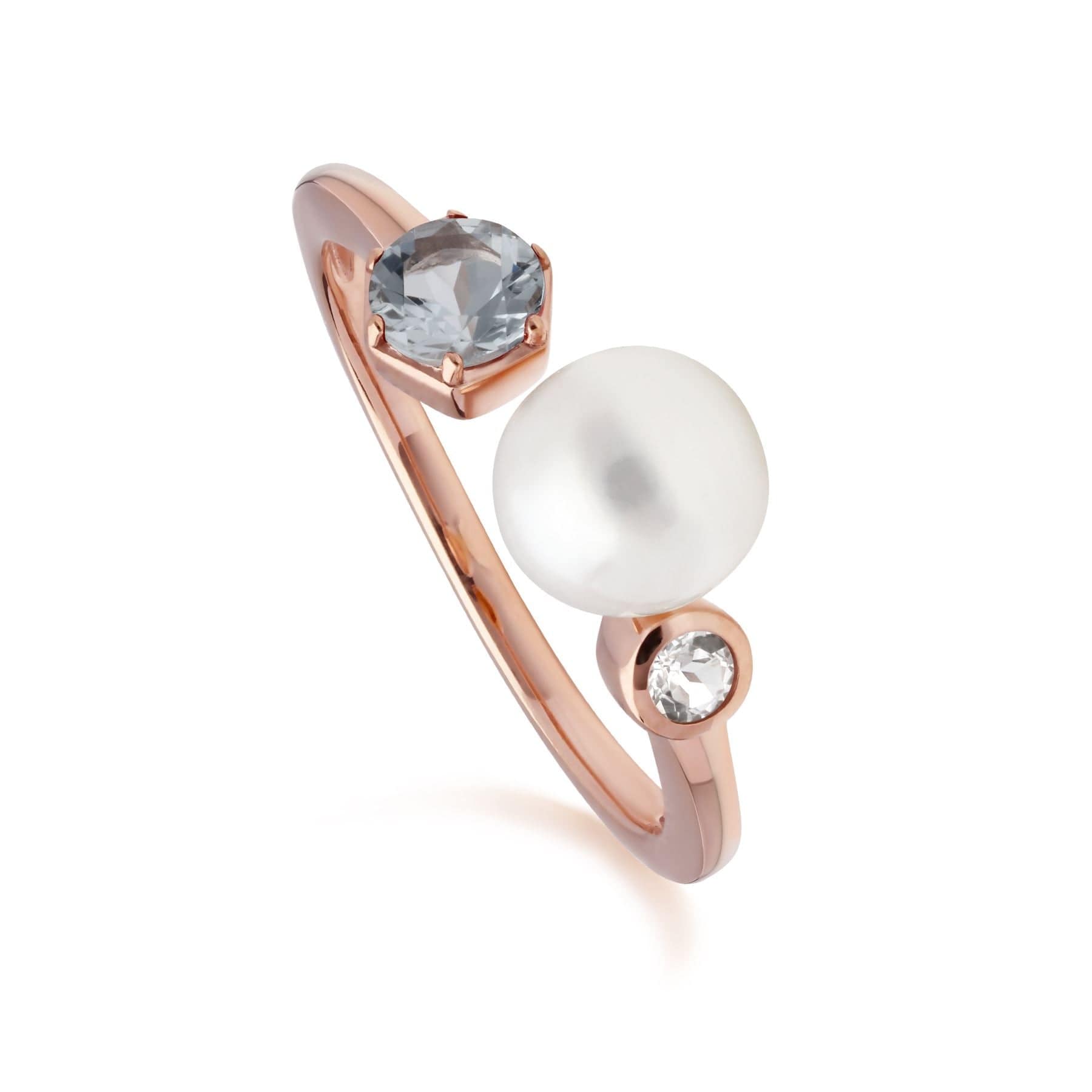 270R058805925 Modern Pearl, Aquamarine & Topaz Open Ring in Rose Gold Plated Silver 1