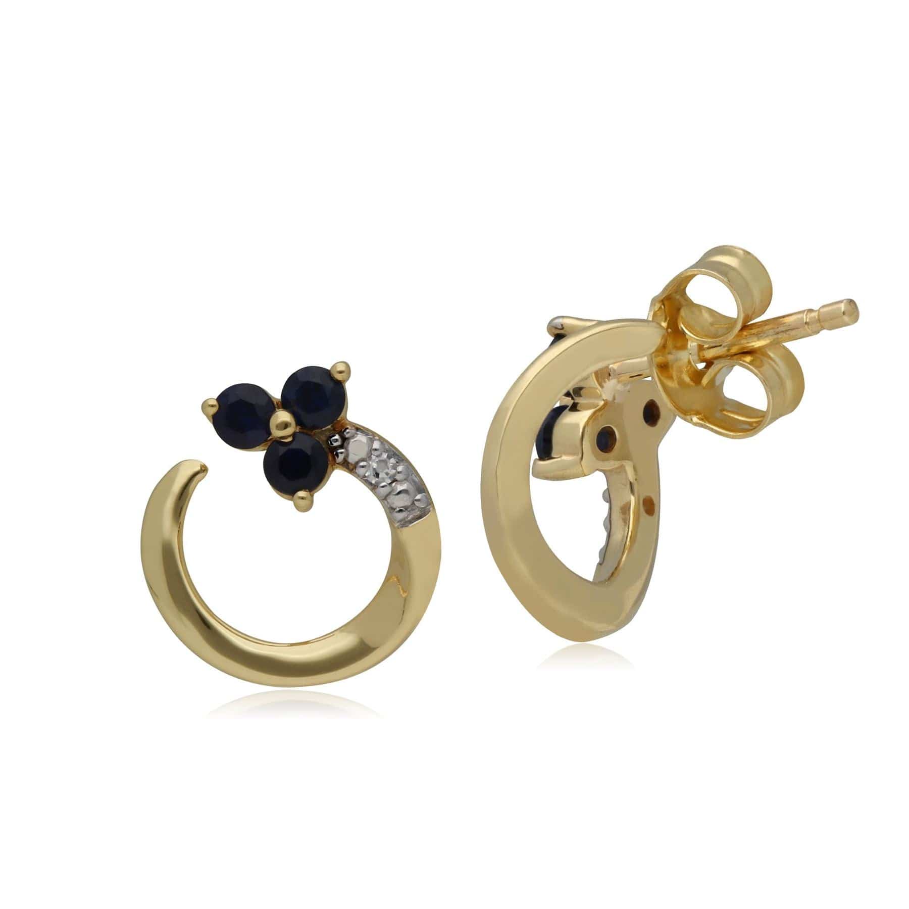 135E1456029 Classic Floral Sapphire & Diamond Swirl Stud Earrings in 9ct Yellow Gold 2