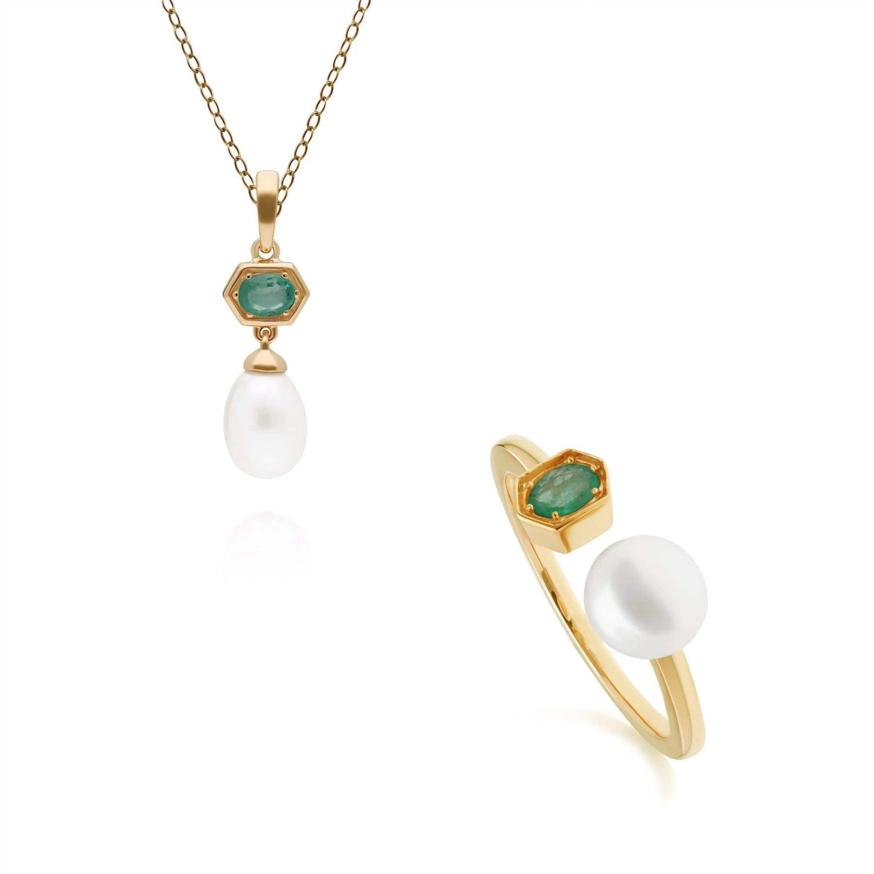 270P030203925-270R058703925 Modern Pearl & Emerald Pendant & Ring Set in Gold Plated Silver 1
