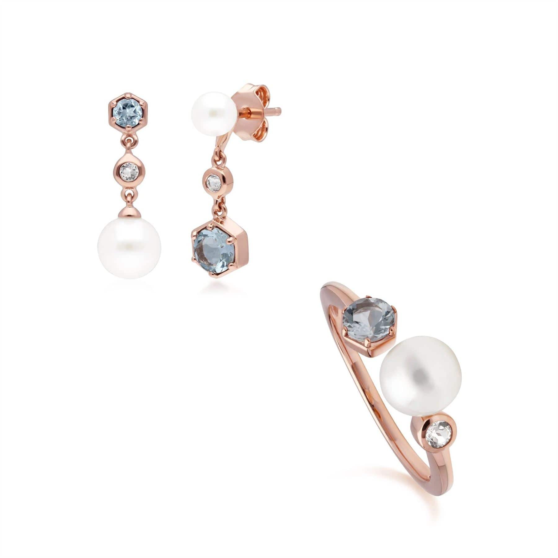 270E030305925-270R058805925 Modern Pearl, Aquamarine & Topaz Earring & Ring Set in Rose Gold Plated Silver 1