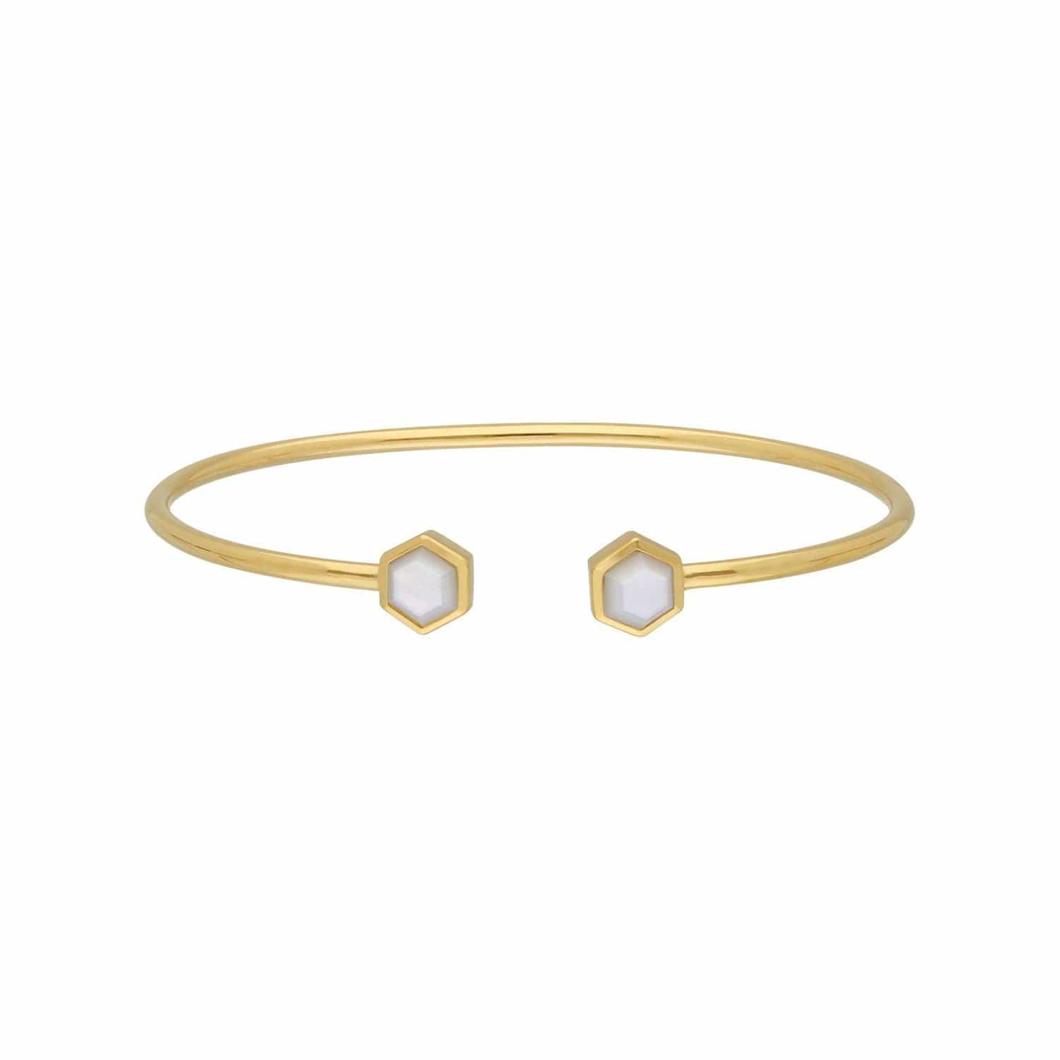 Geometric Hexagon Mother of Pearl Bangle in Gold Plated Sterling Silver