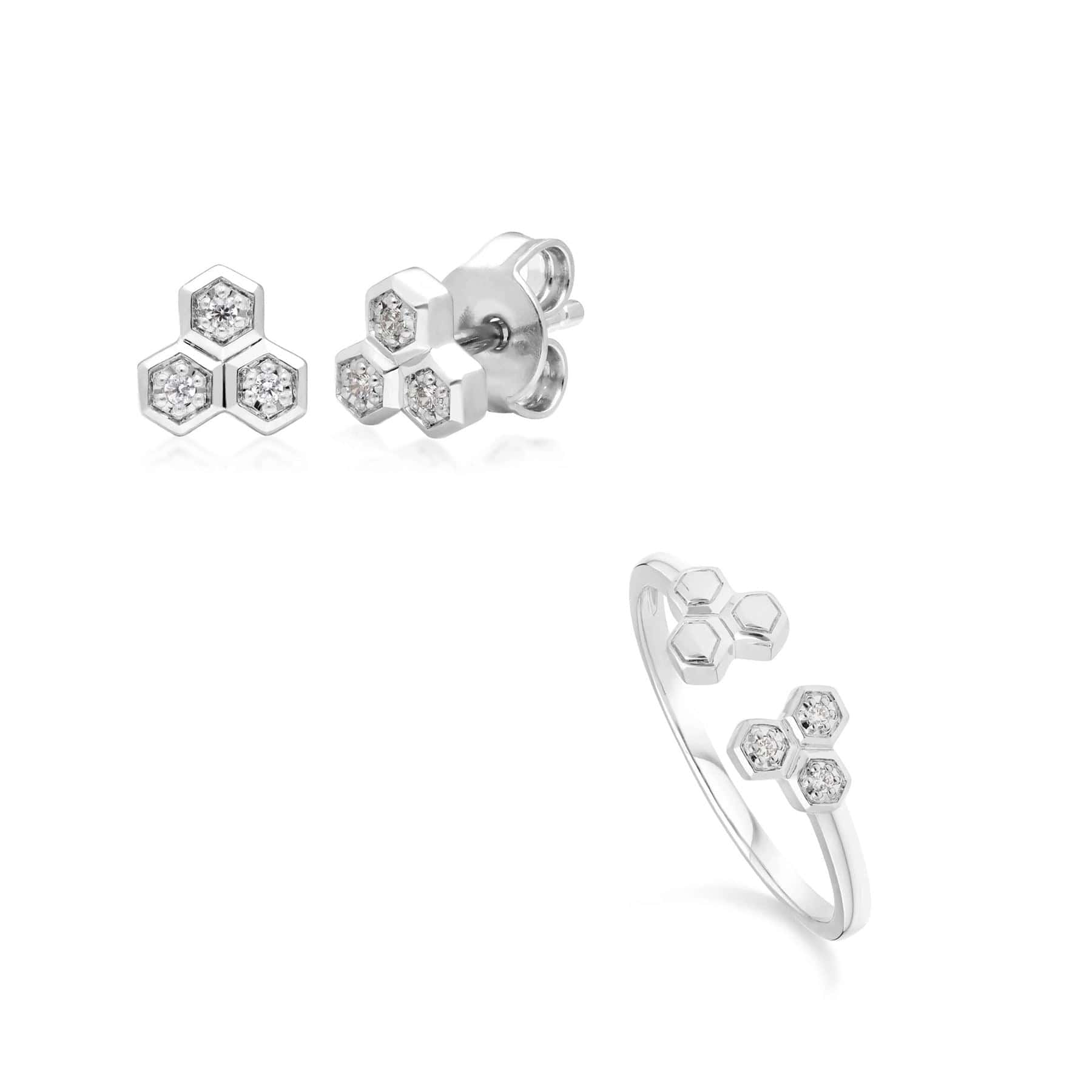 162E0272019-162R0393019 Diamond Trilogy Ring & Stud Earring Set in 9ct White Gold 1