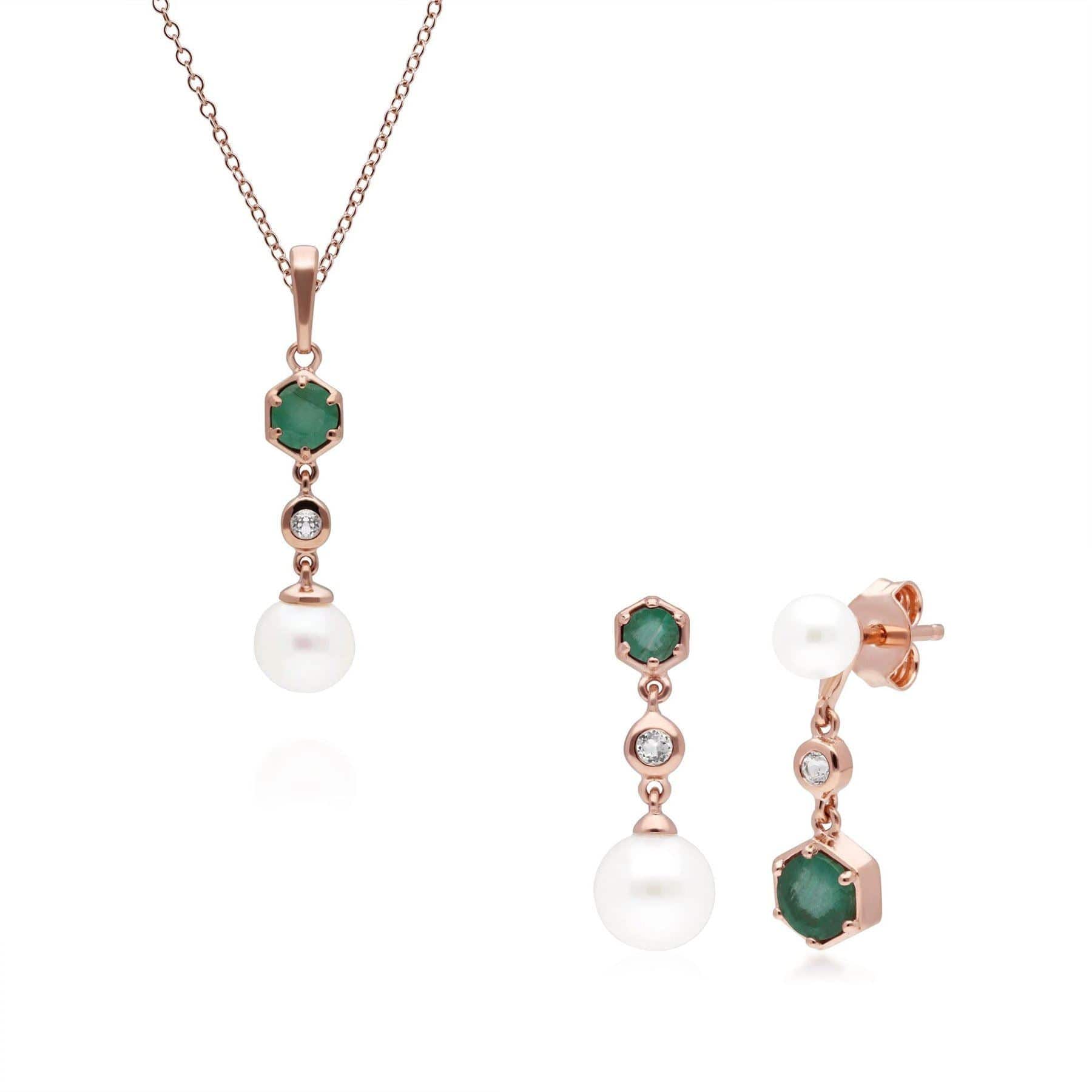 270P030303925-270E030303925 Modern Pearl, Emerald & Topaz Pendant & Earring Set in Rose Gold Plated Silver 1