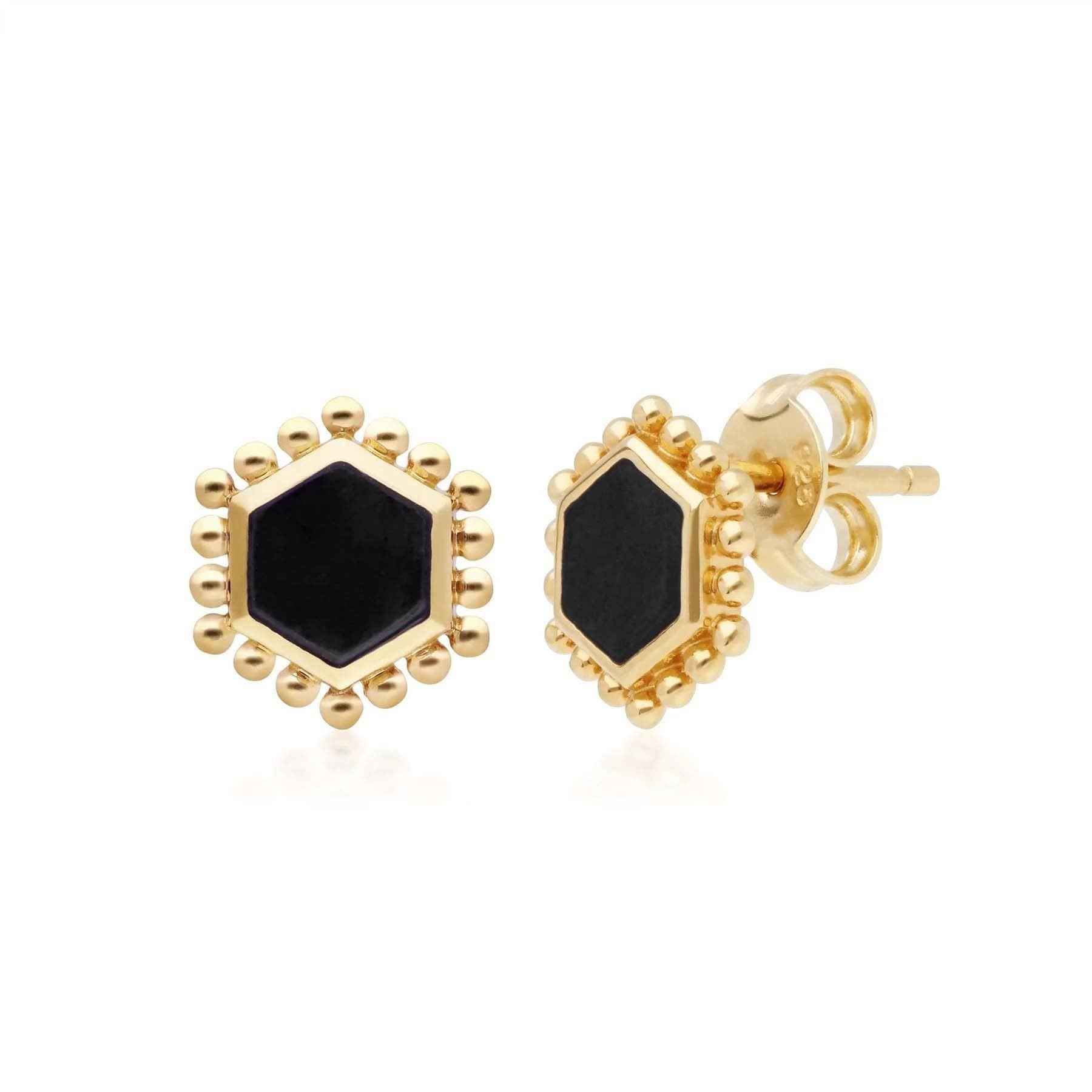 271E020702925 Black Onyx Flat Slice Hex Stud Earrings in Gold Plated Sterling Silver 1
