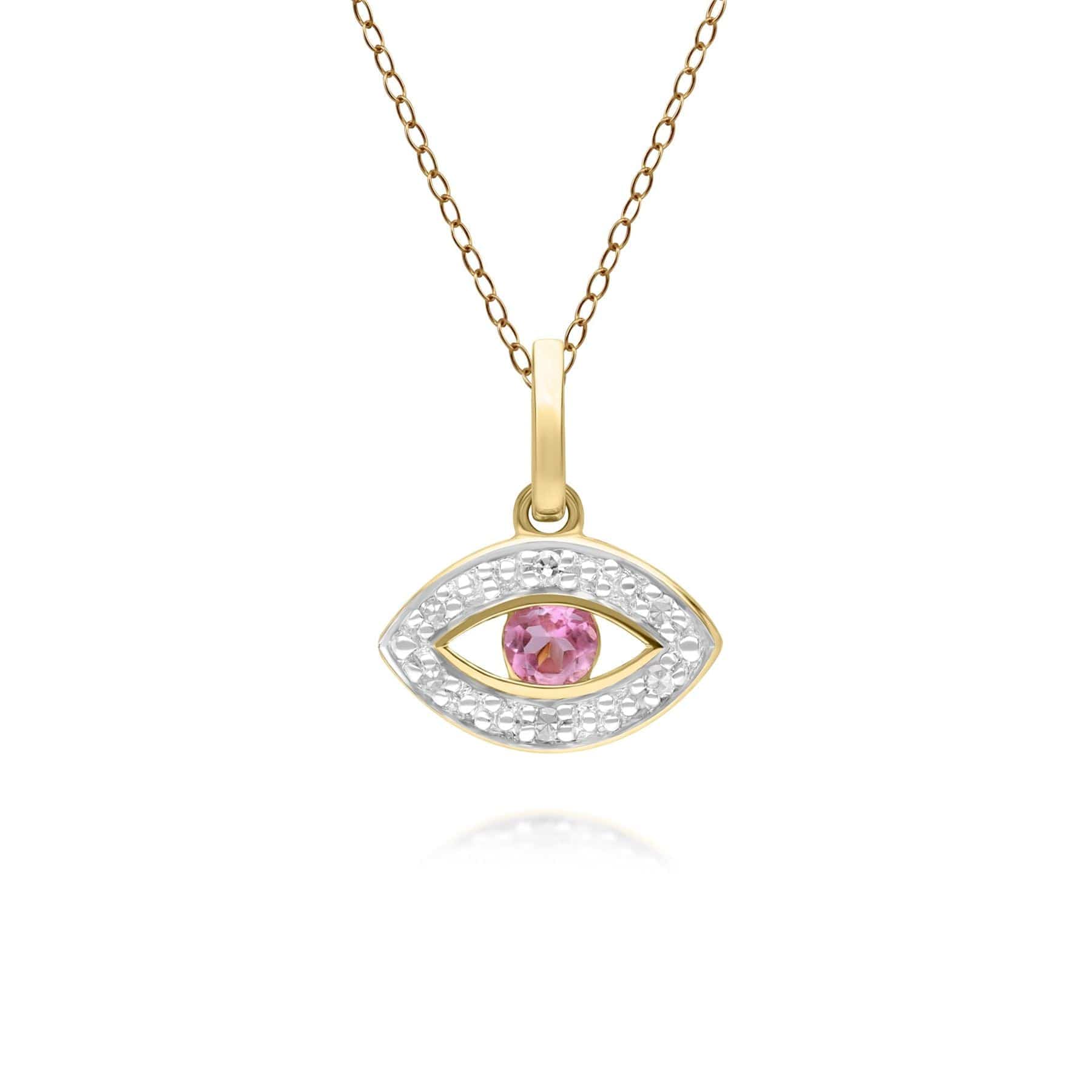 ECFEW™ Dainty Evil Eye Pink Tourmaline & Diamond Pendant in 9ct Yellow Gold - Gemondo